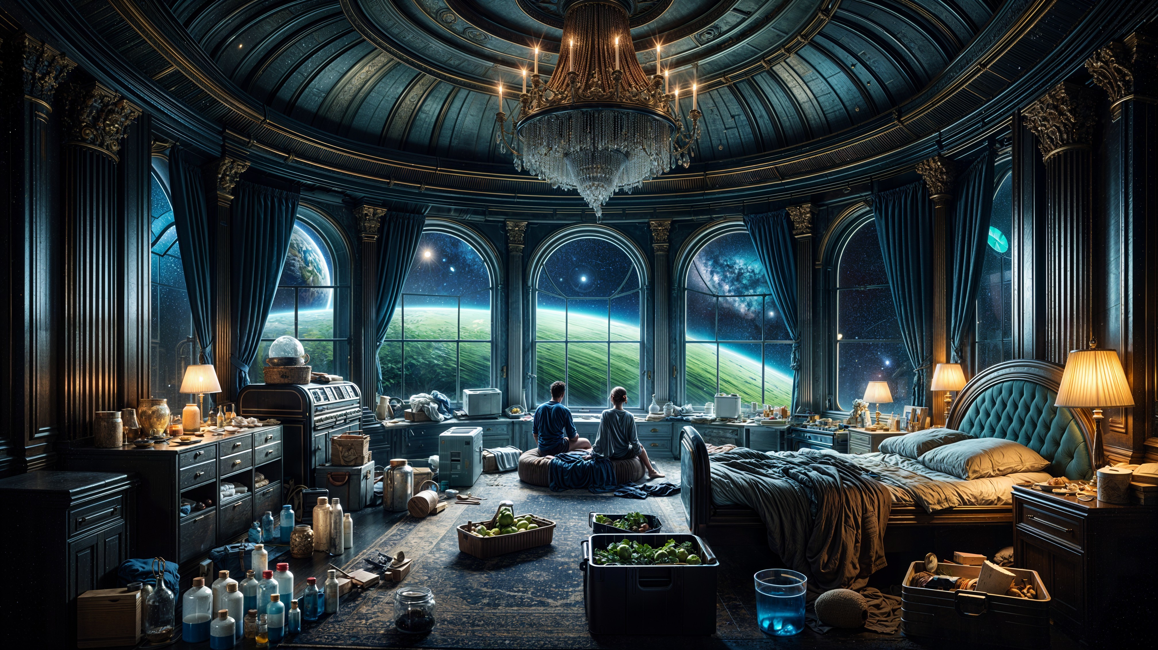 Ornate Bedroom with Celestial View and Soft Lighting
