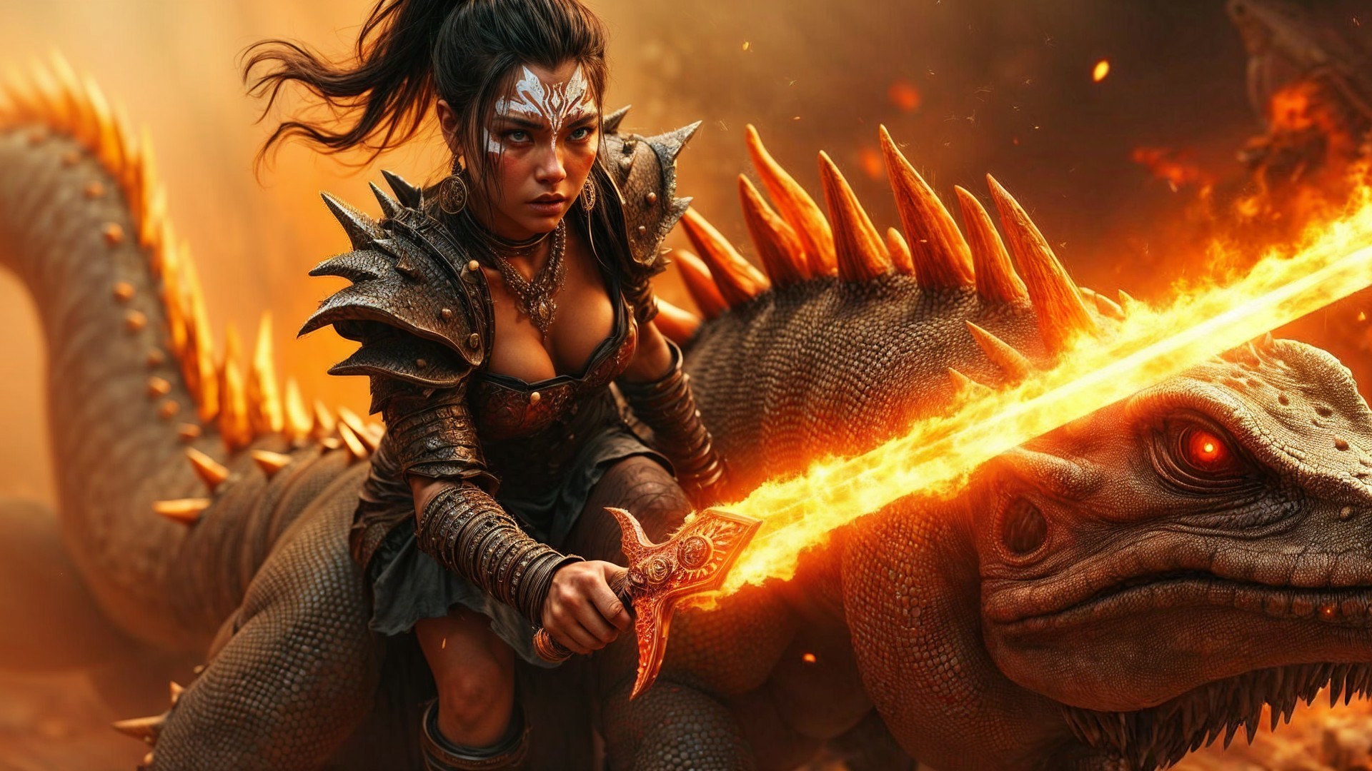 Fierce Warrior on Fiery Creature in Dramatic Battle Scene