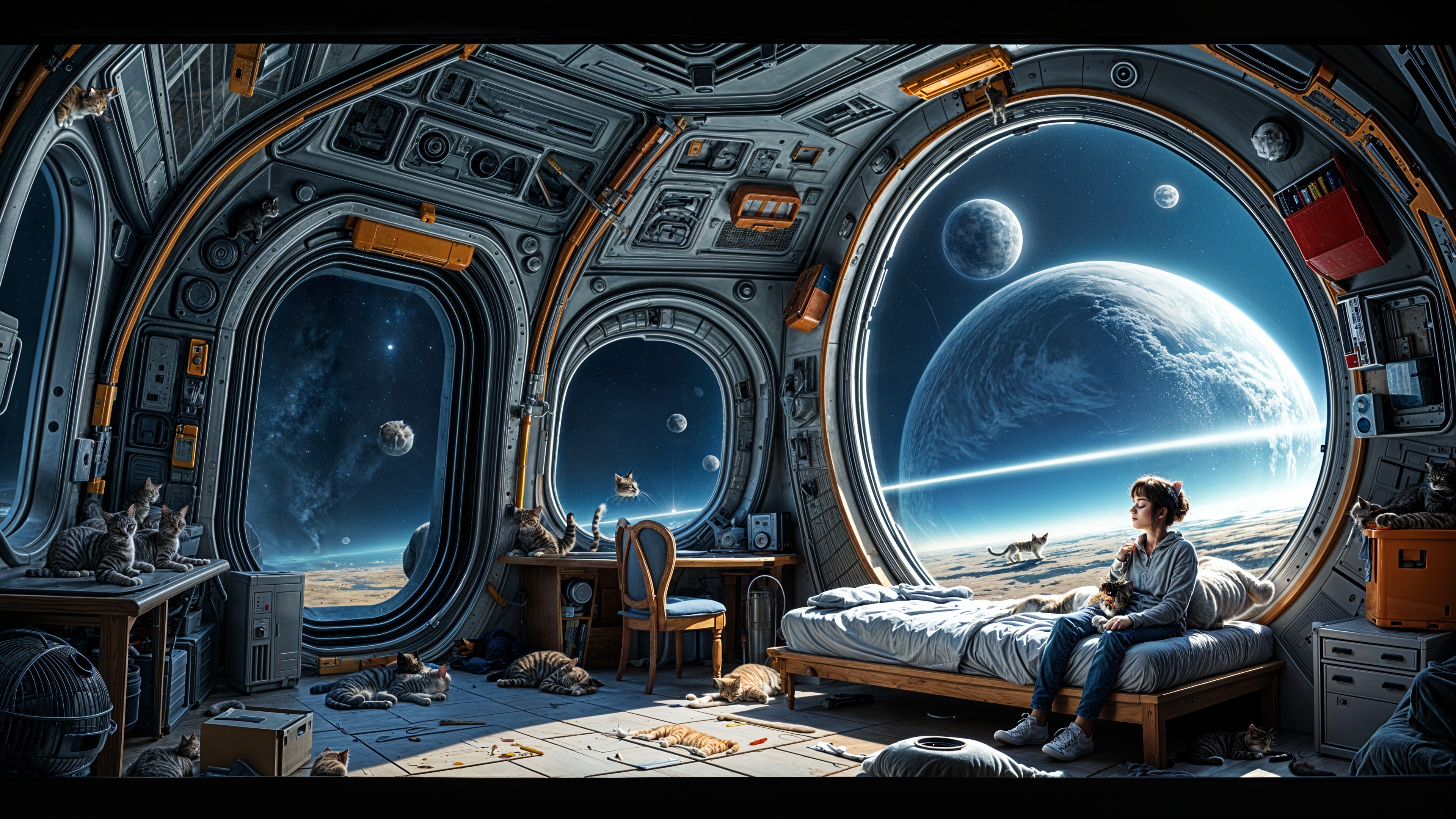 Cozy futuristic space station room with playful cats