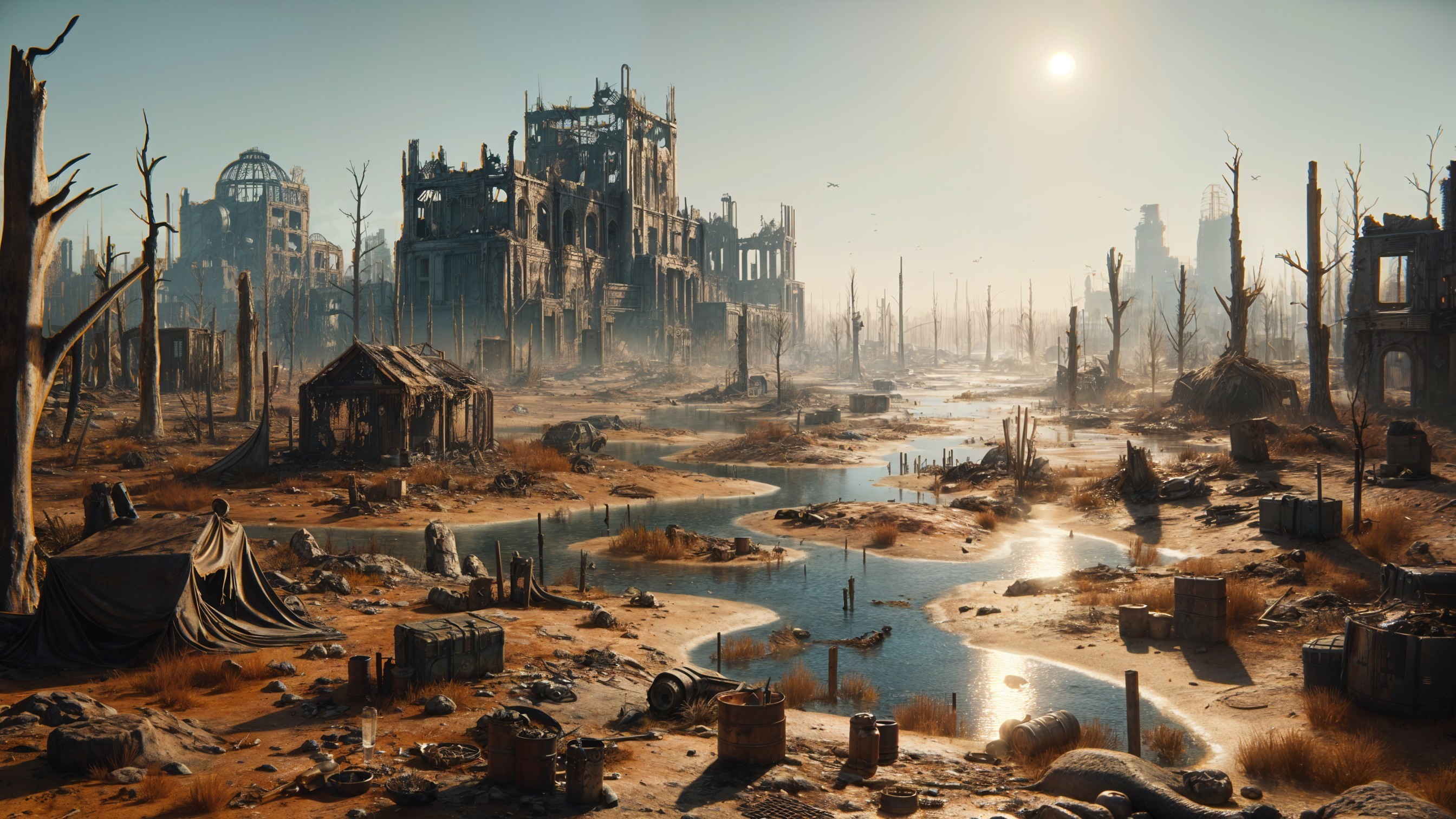 Desolate Wasteland with Abandoned Structures and Ruins