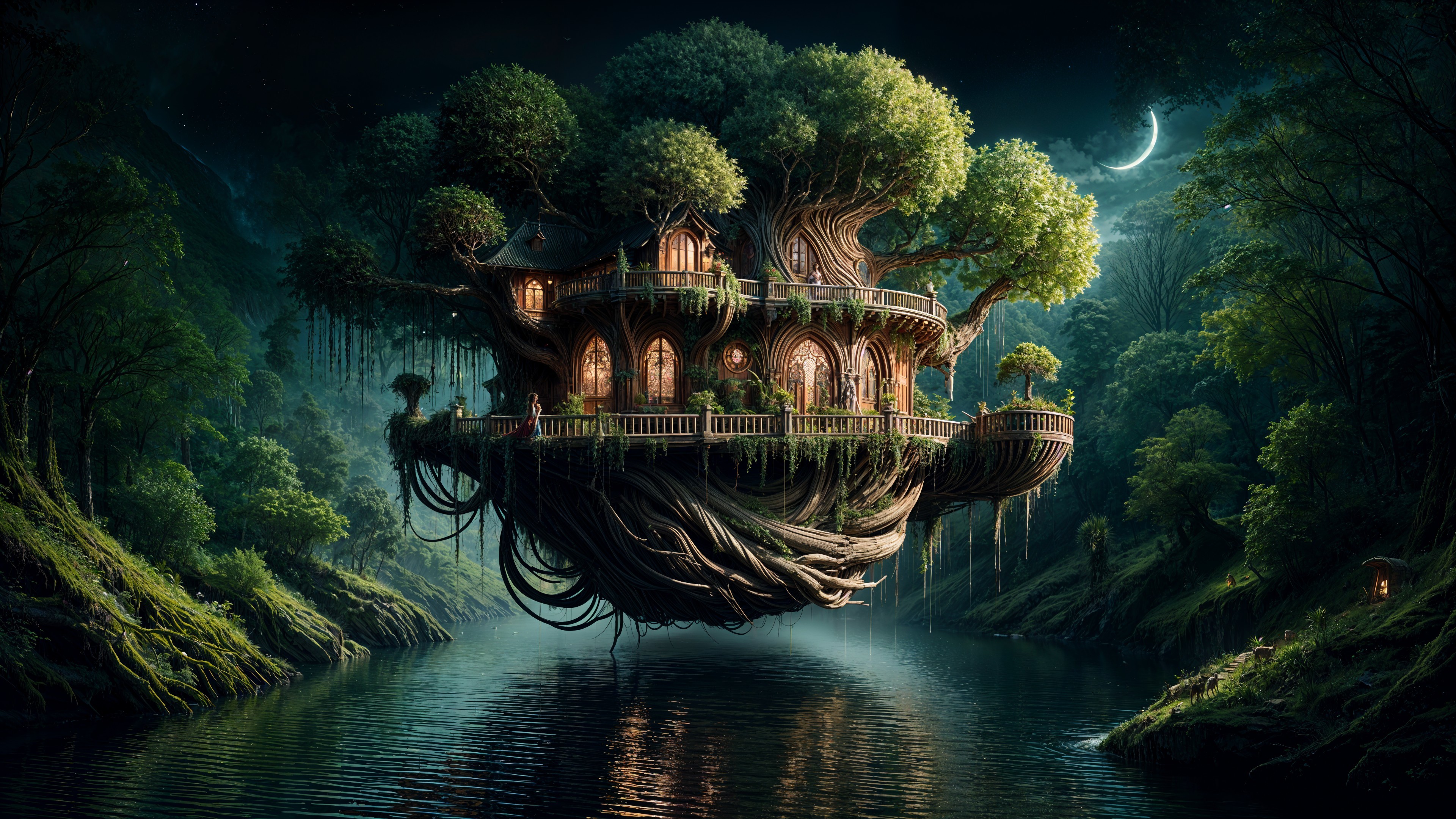 Luminous Treehouse in an Ancient Floating Tree