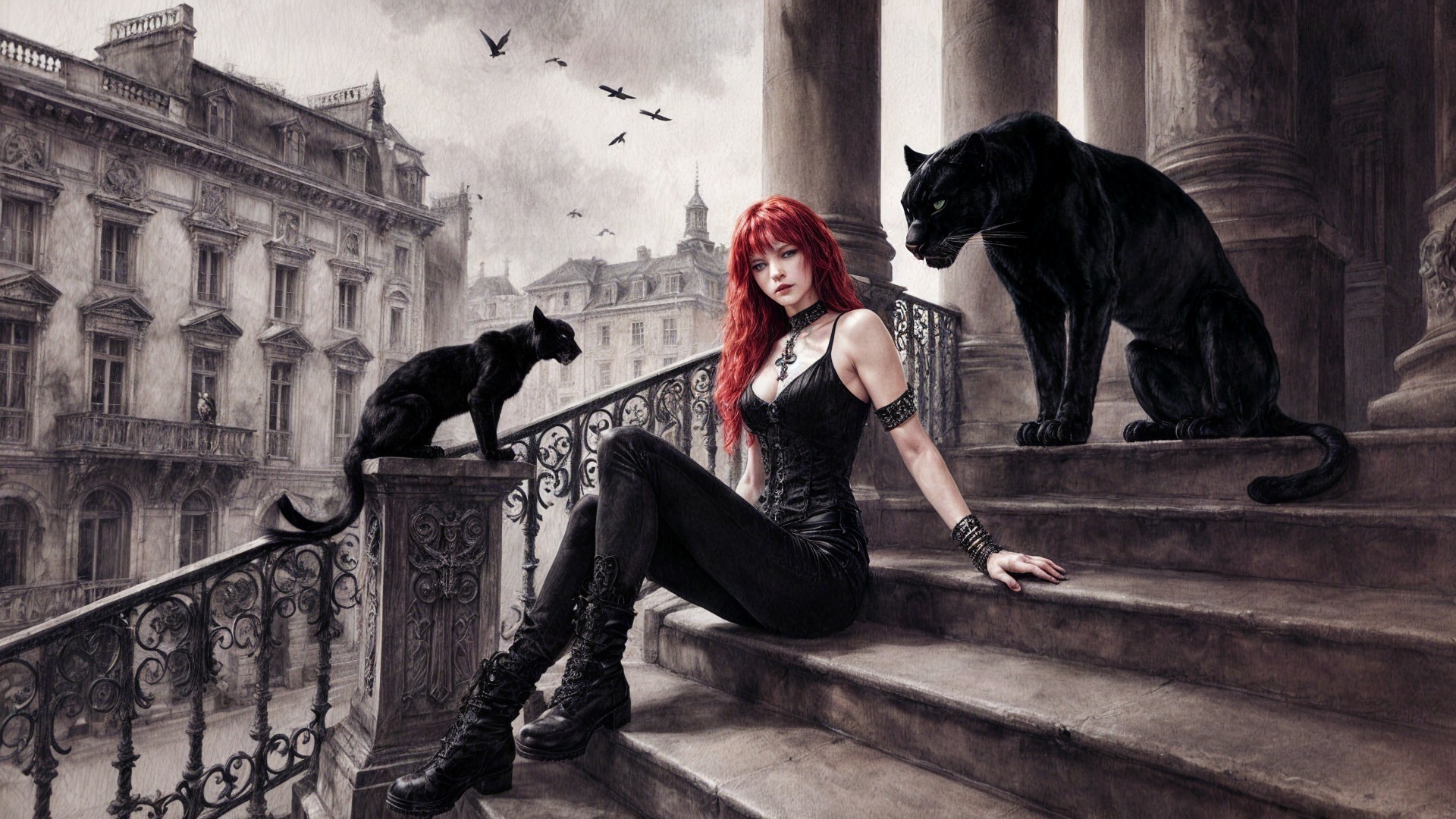 Woman with Red Hair on Stone Steps with Cats