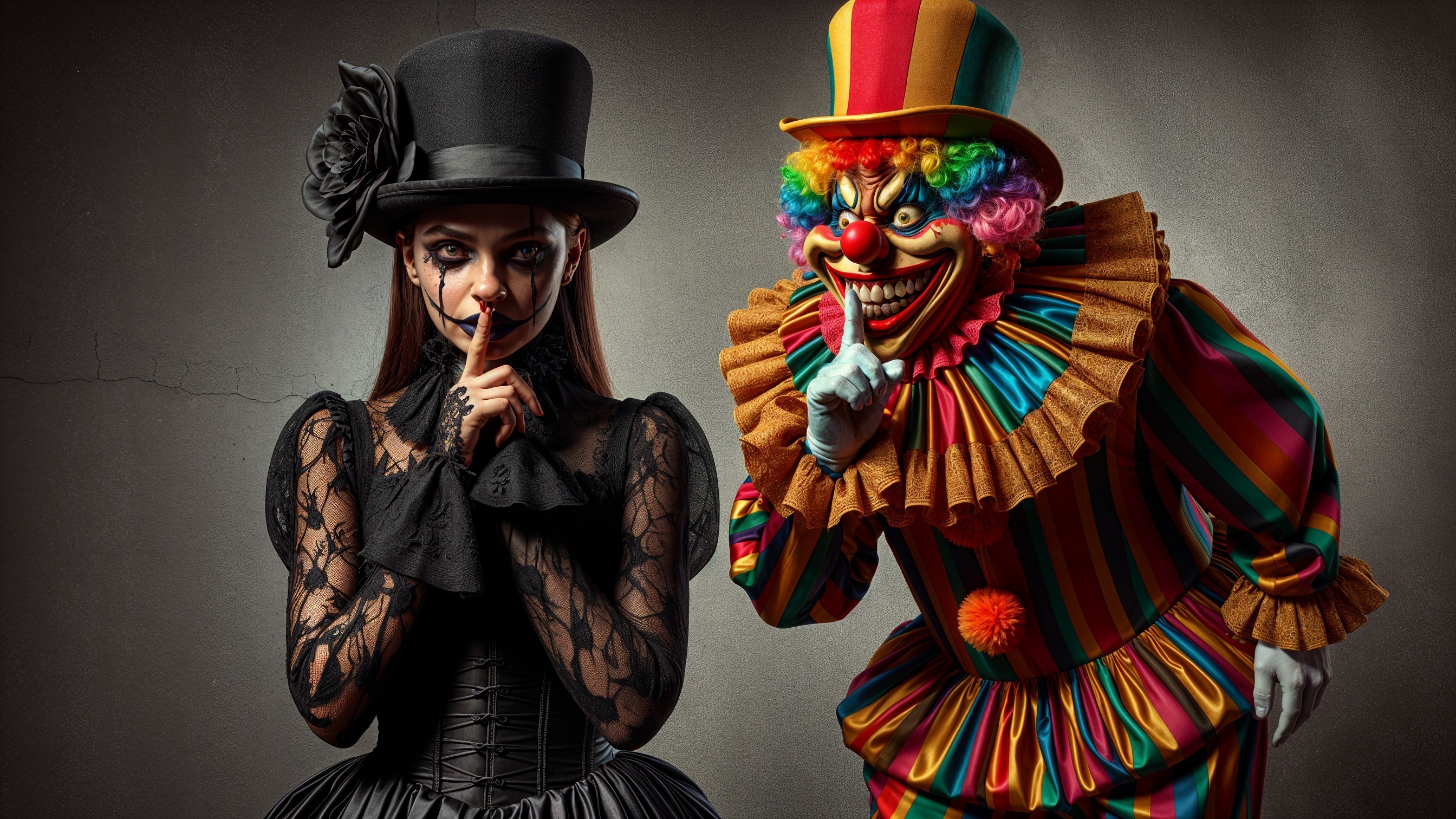 Dramatic Scene of Mysterious Woman and Colorful Clown