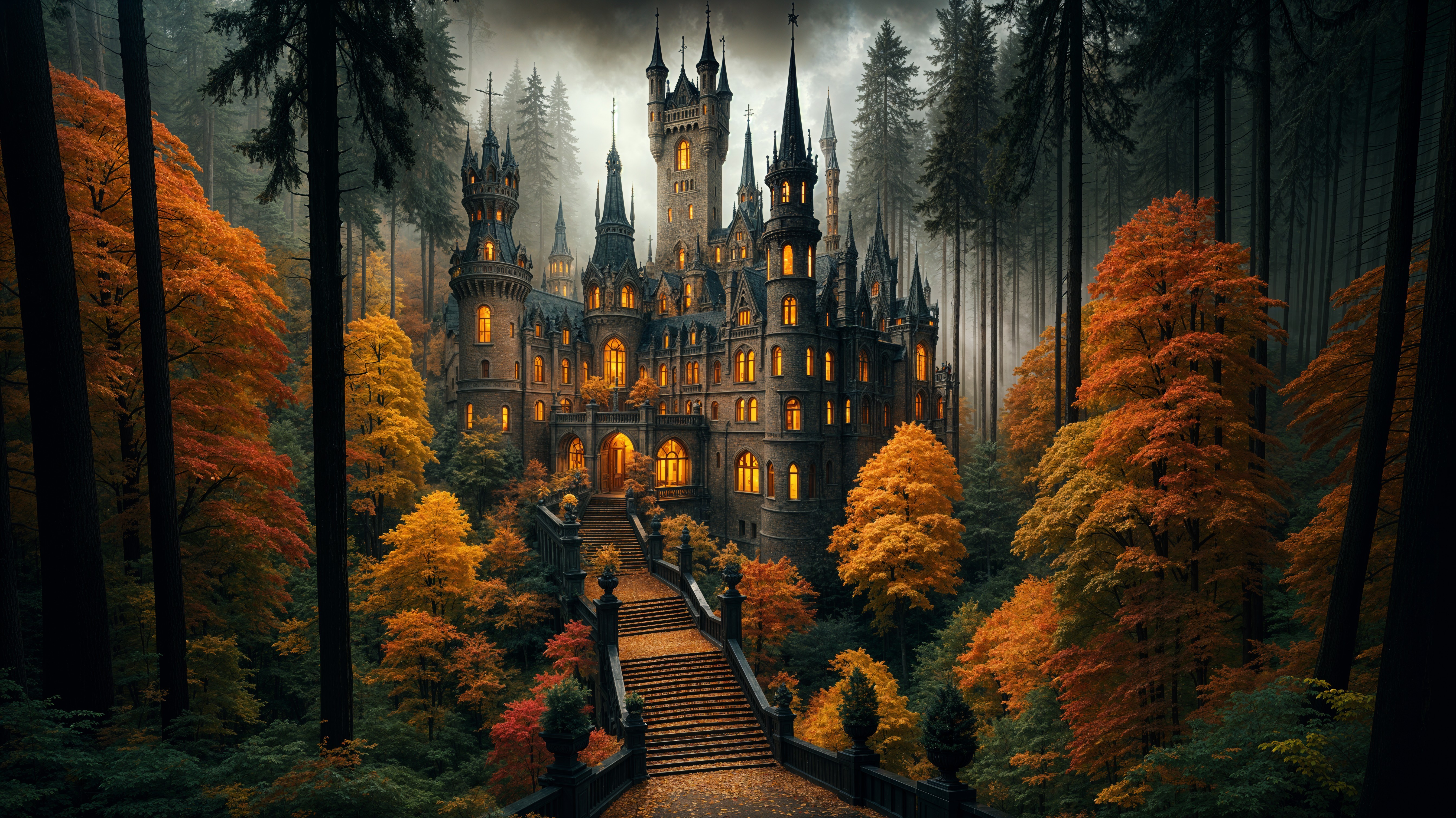 Majestic castle in vibrant autumn forest setting