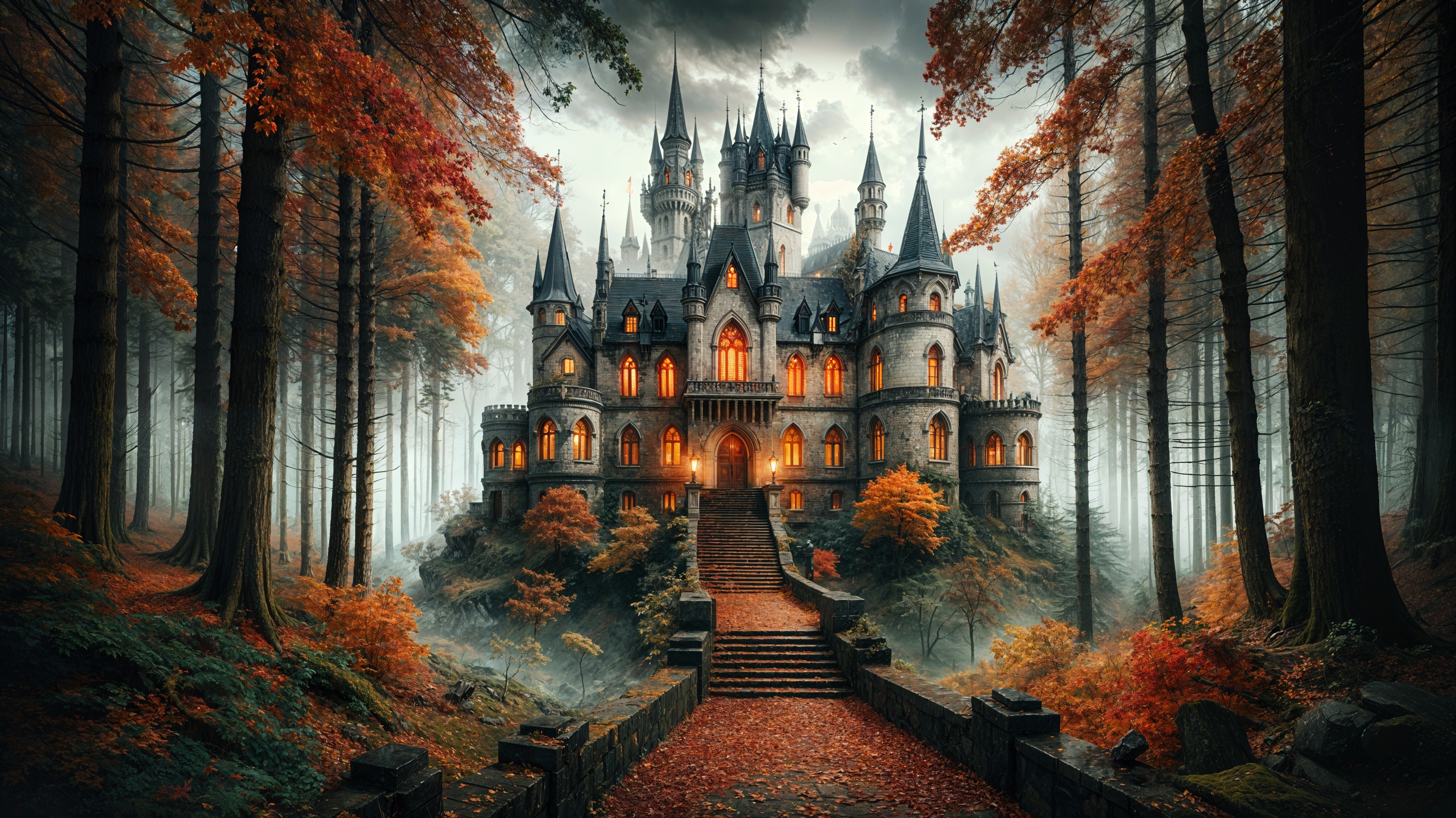 Gothic castle in autumn forest with glowing windows