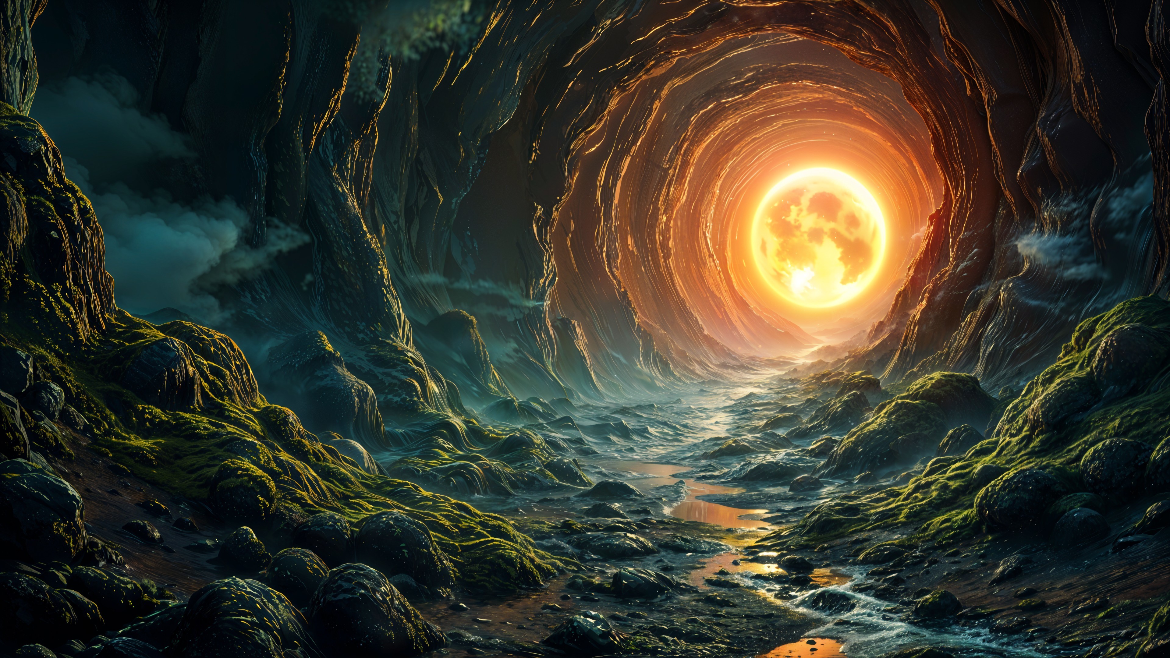 Mystical cave scene with radiant sunlight and mist