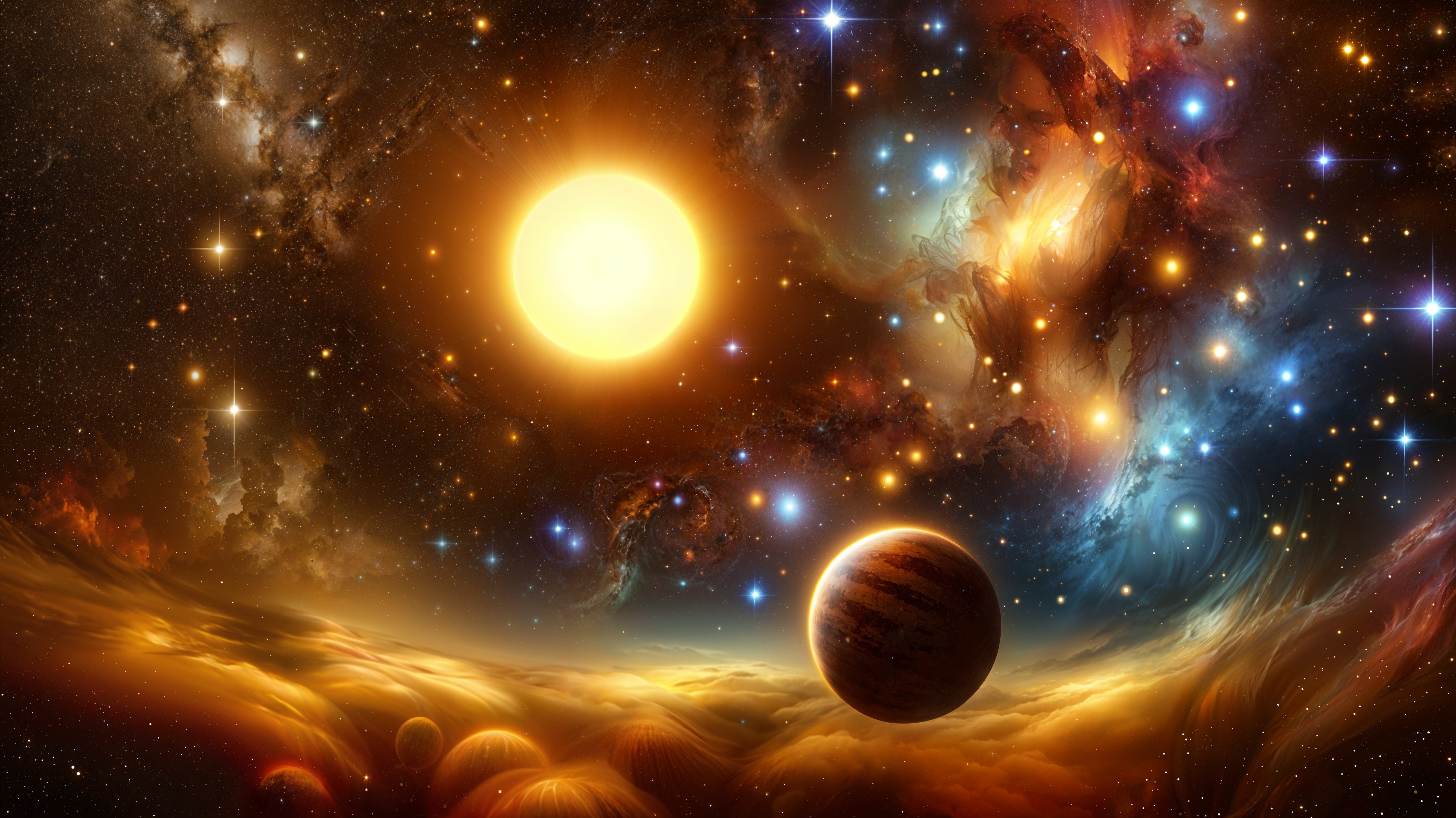 Glowing Sun and Nebula in Cosmic Landscape