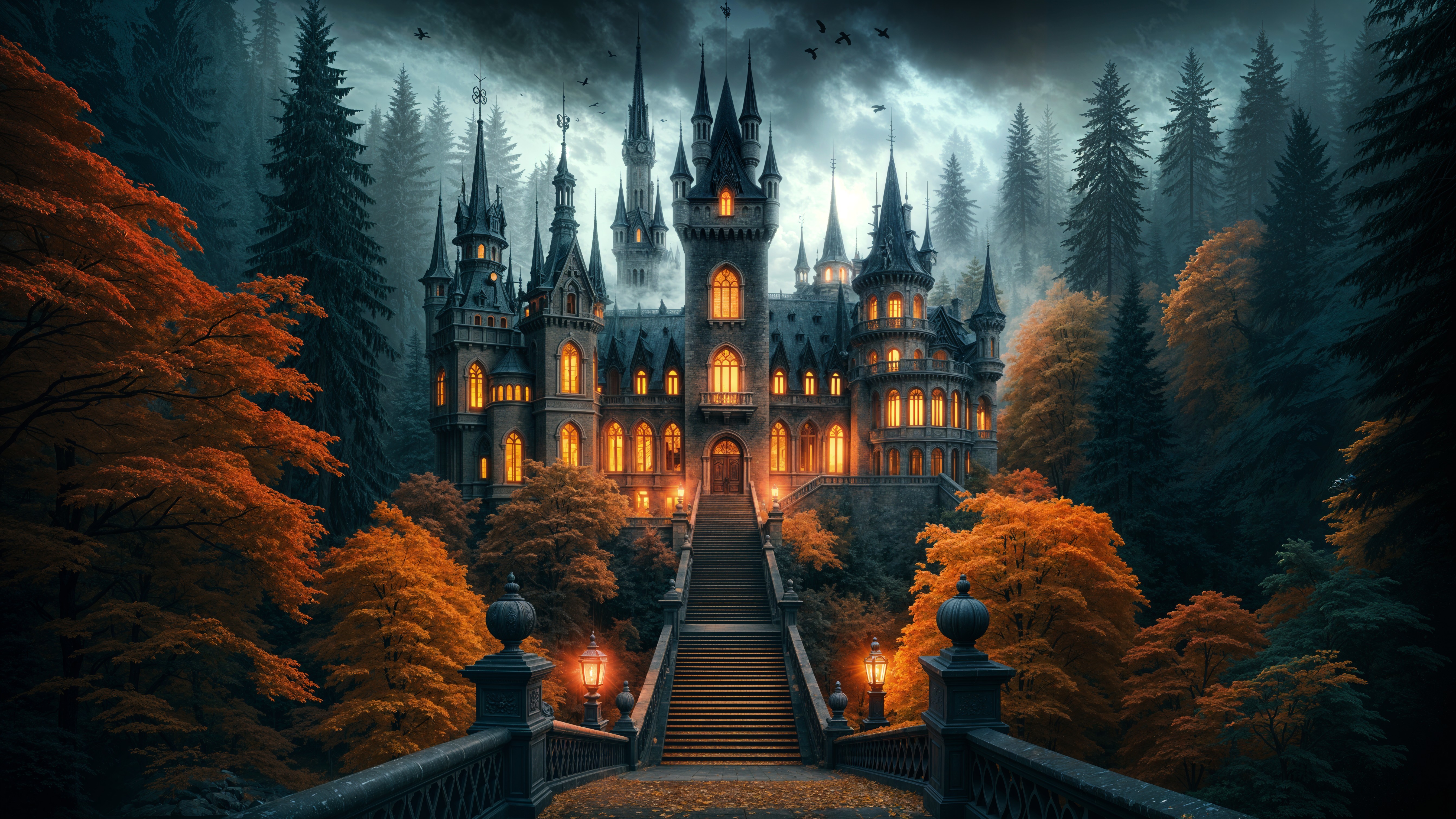 Gothic castle surrounded by autumn foliage and trees