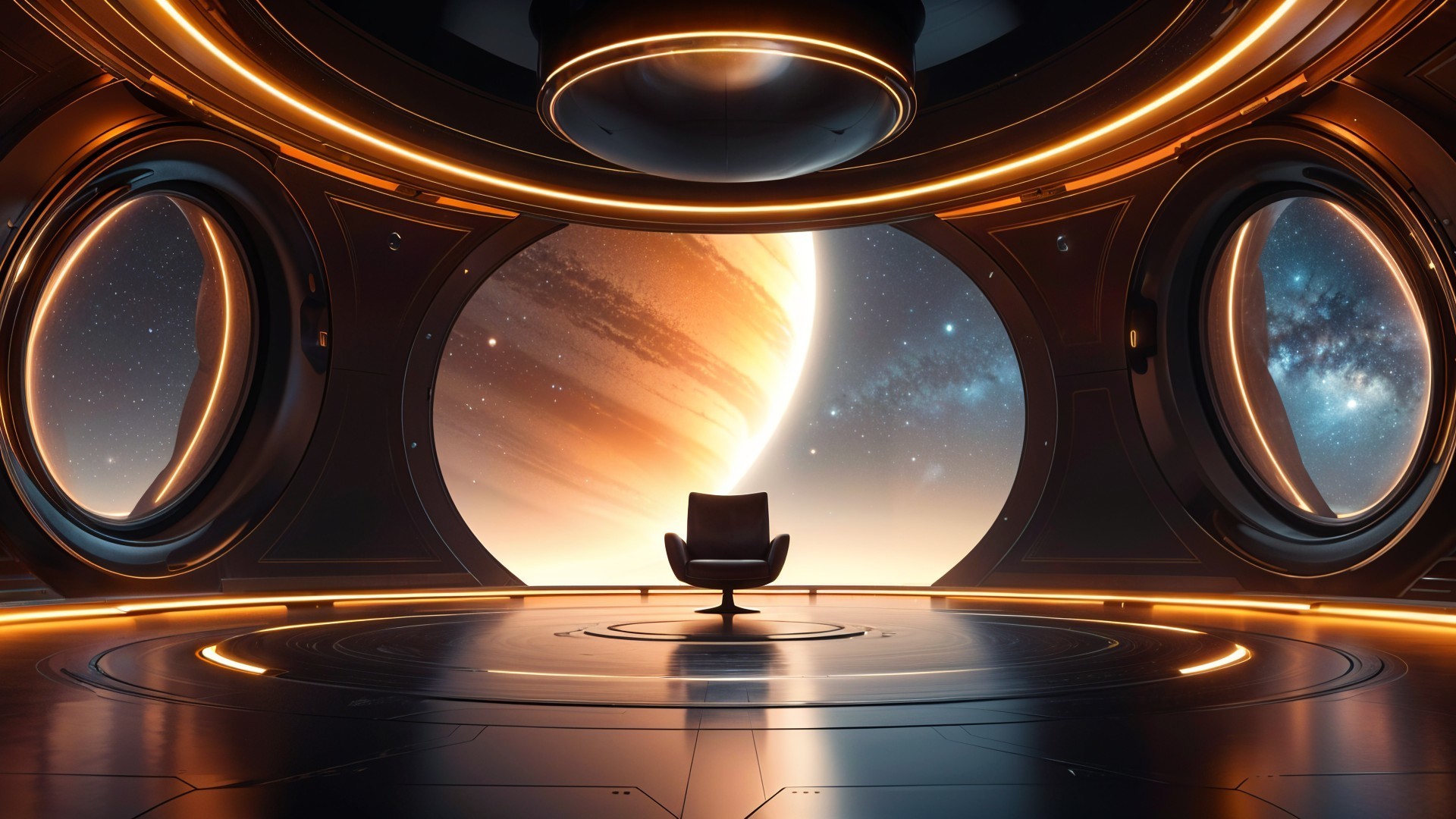 Futuristic Room with Chair and Gas Giant View