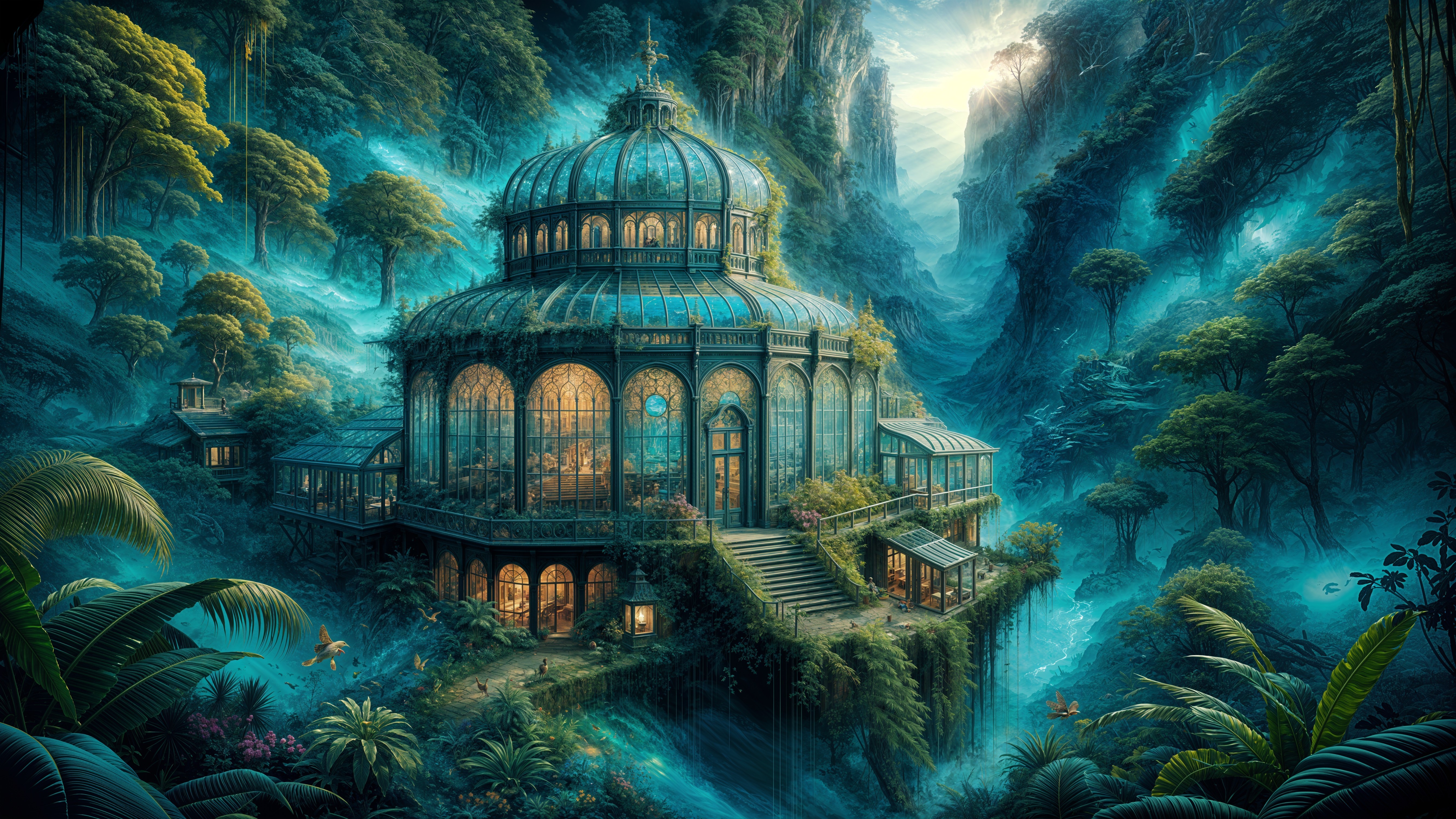 Ethereal Glass Conservatory in a Mystical Valley