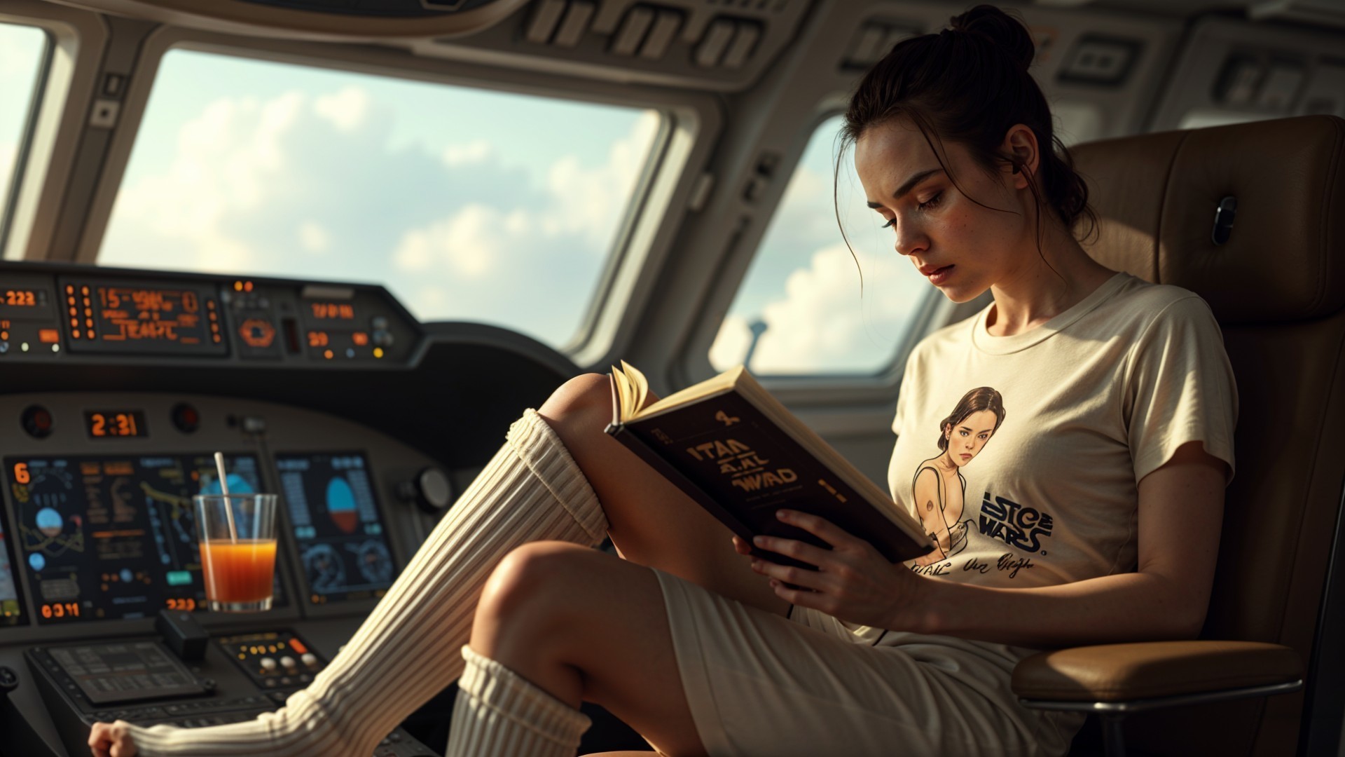 Futuristic Cockpit Scene with Young Woman Reading