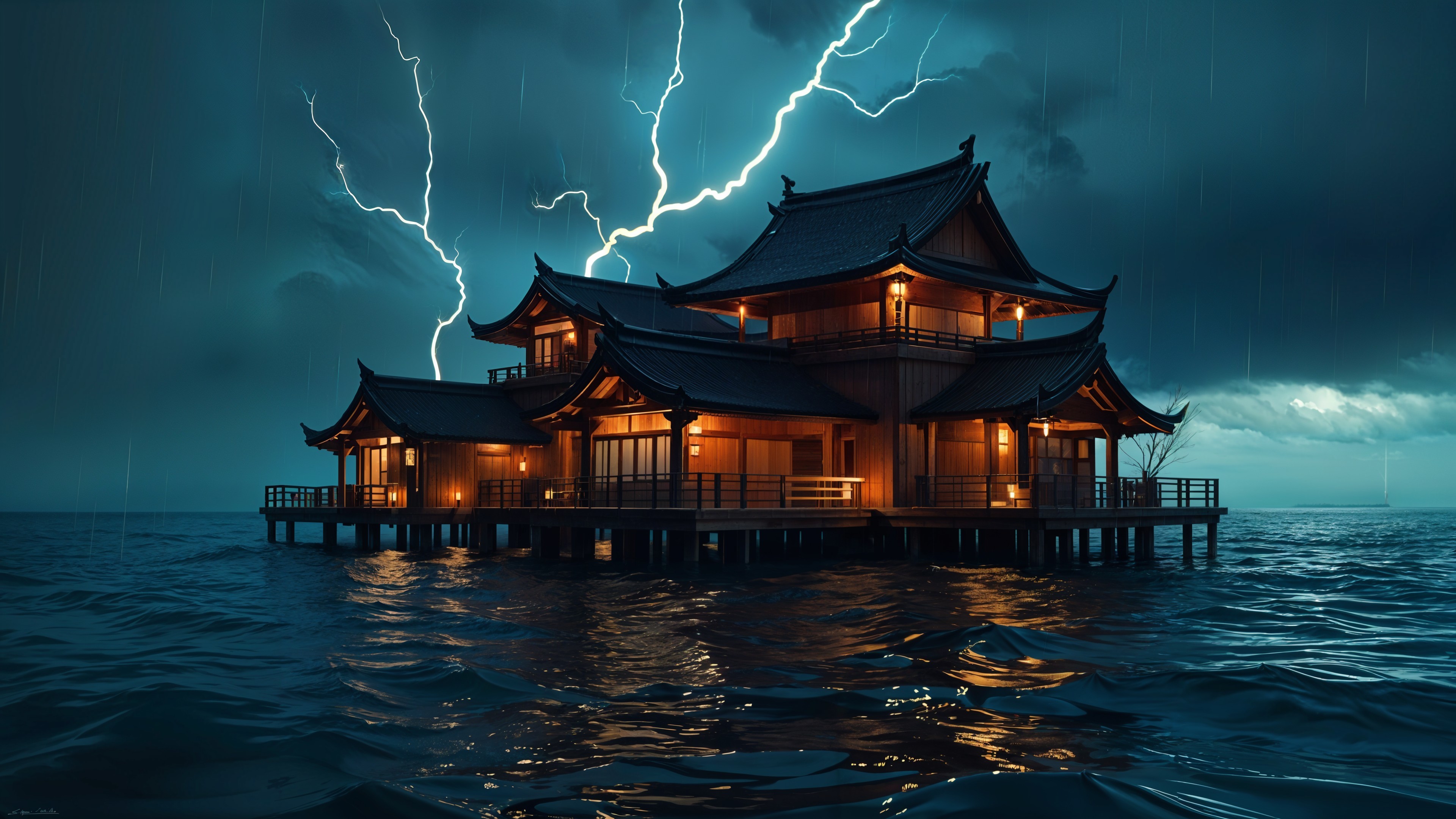 Traditional House Over Turbulent Waters and Stormy Sky