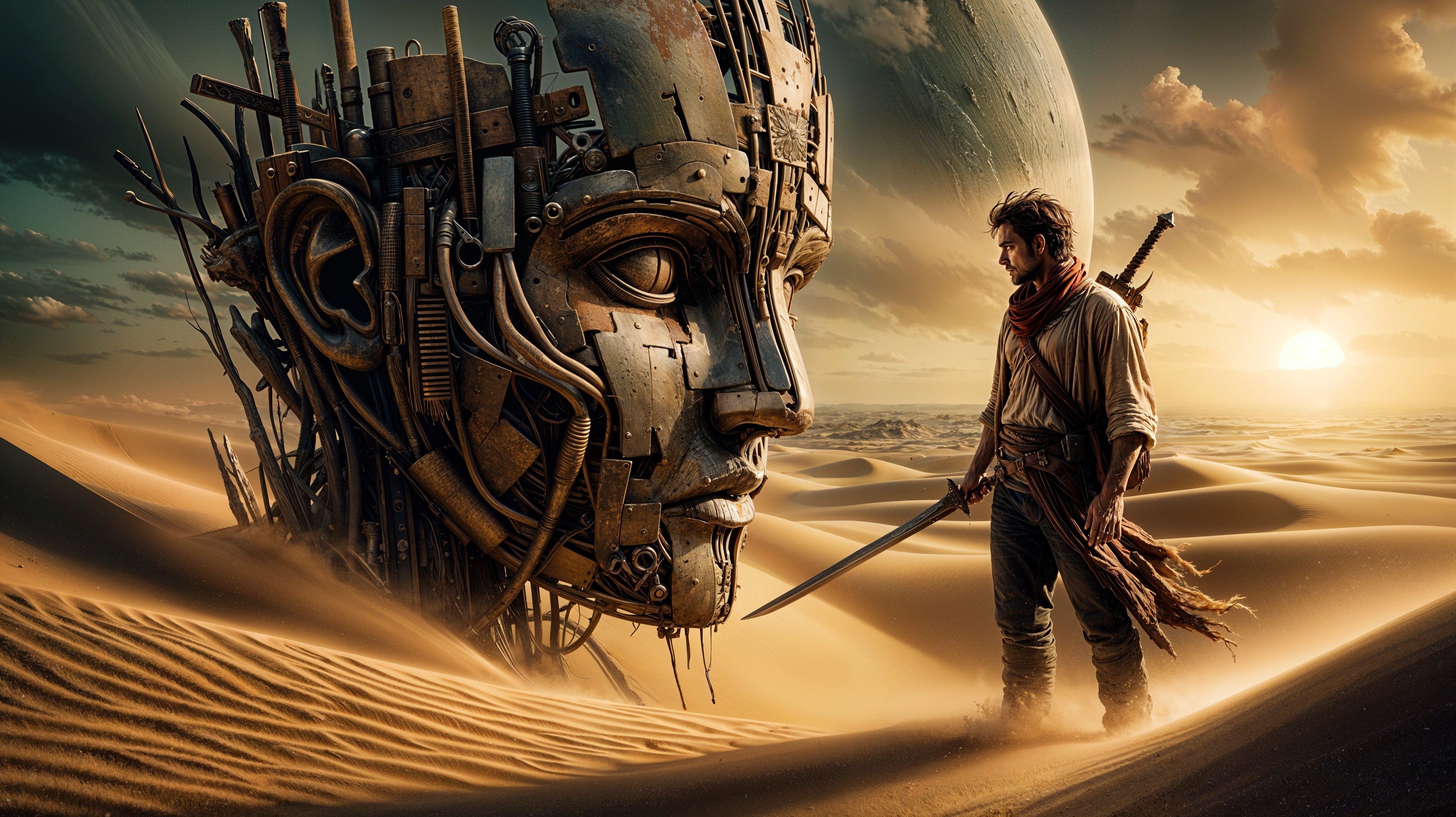 Lone Figure in Desert with Giant Metallic Head at Sunset