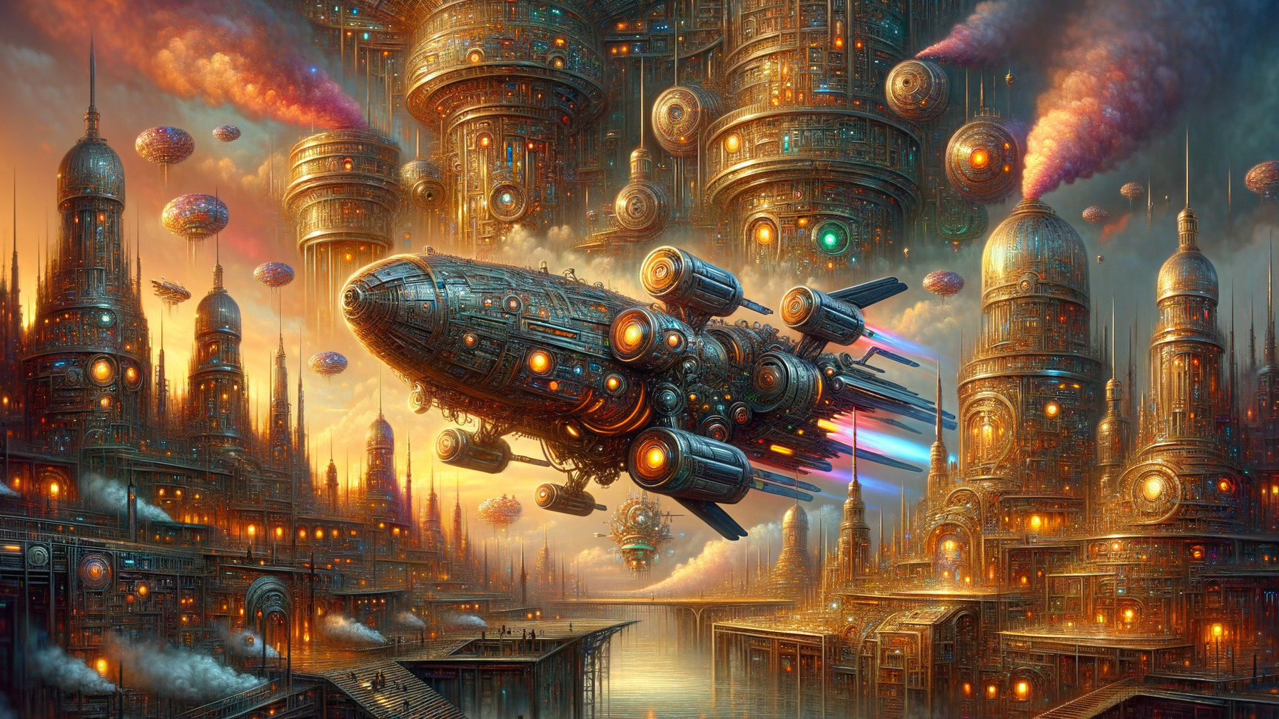 Futuristic Cityscape with Steampunk Elements at Sunset
