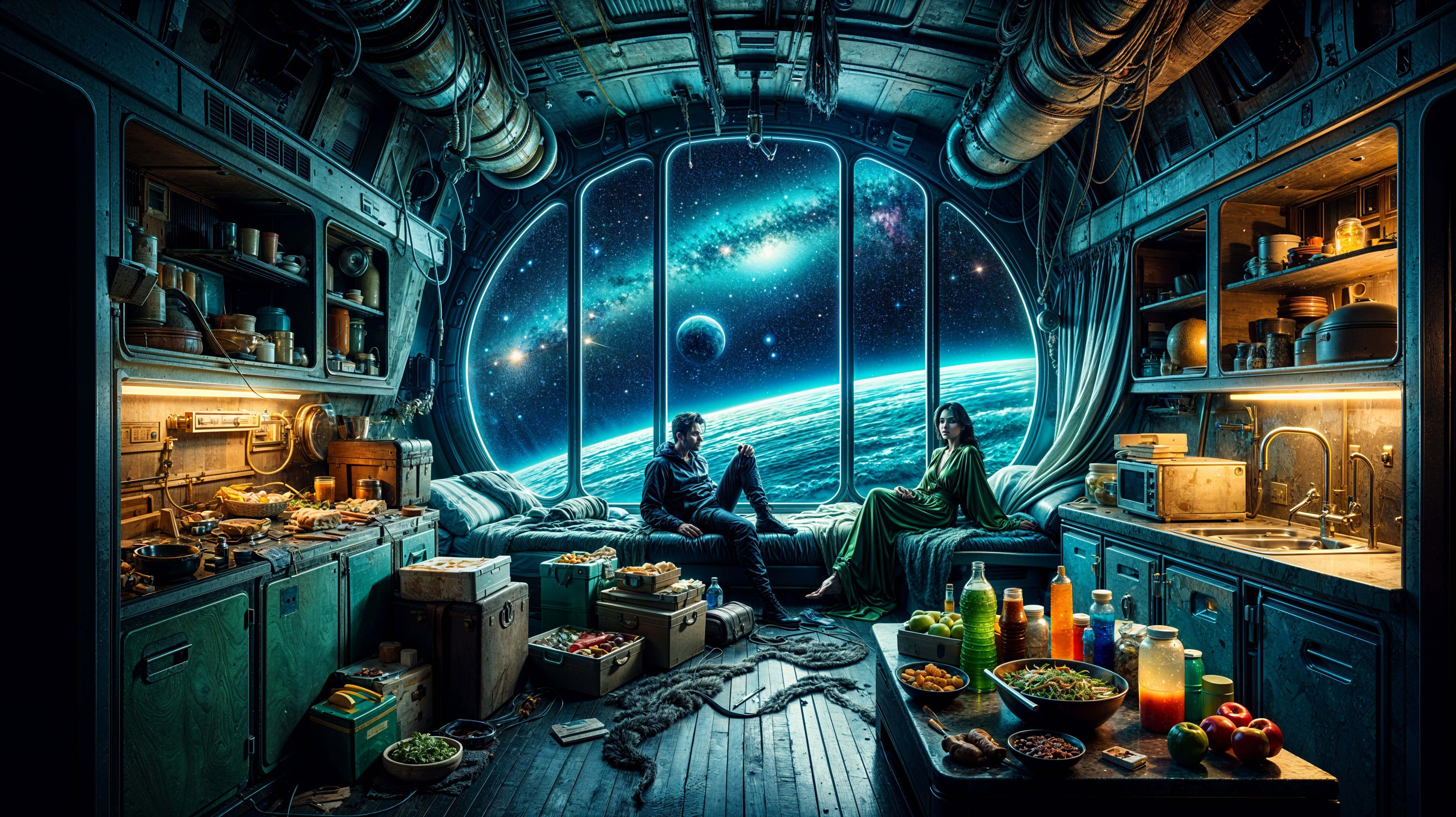 Cozy Spaceship Cabin with Starry View and Warm Lights