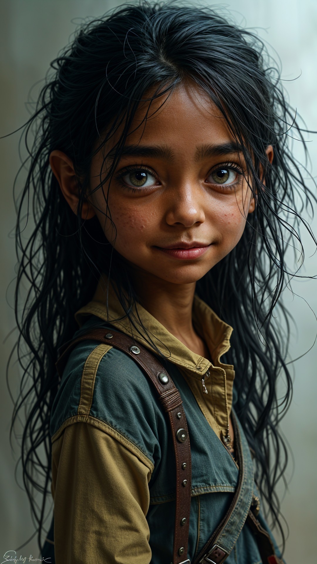 Young girl with wavy black hair and warm expression