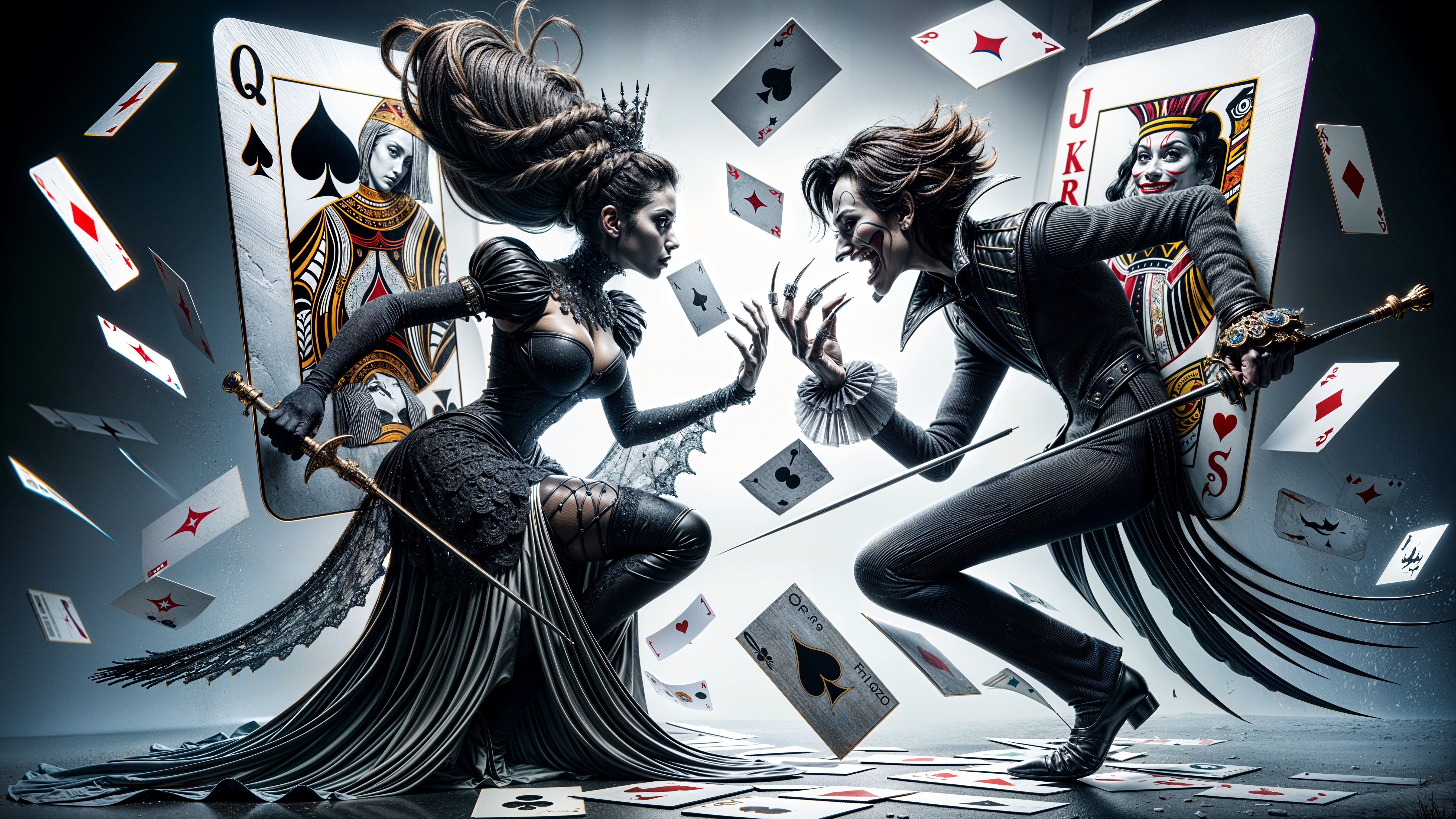 Dramatic Duel Between Card Royalty Figures