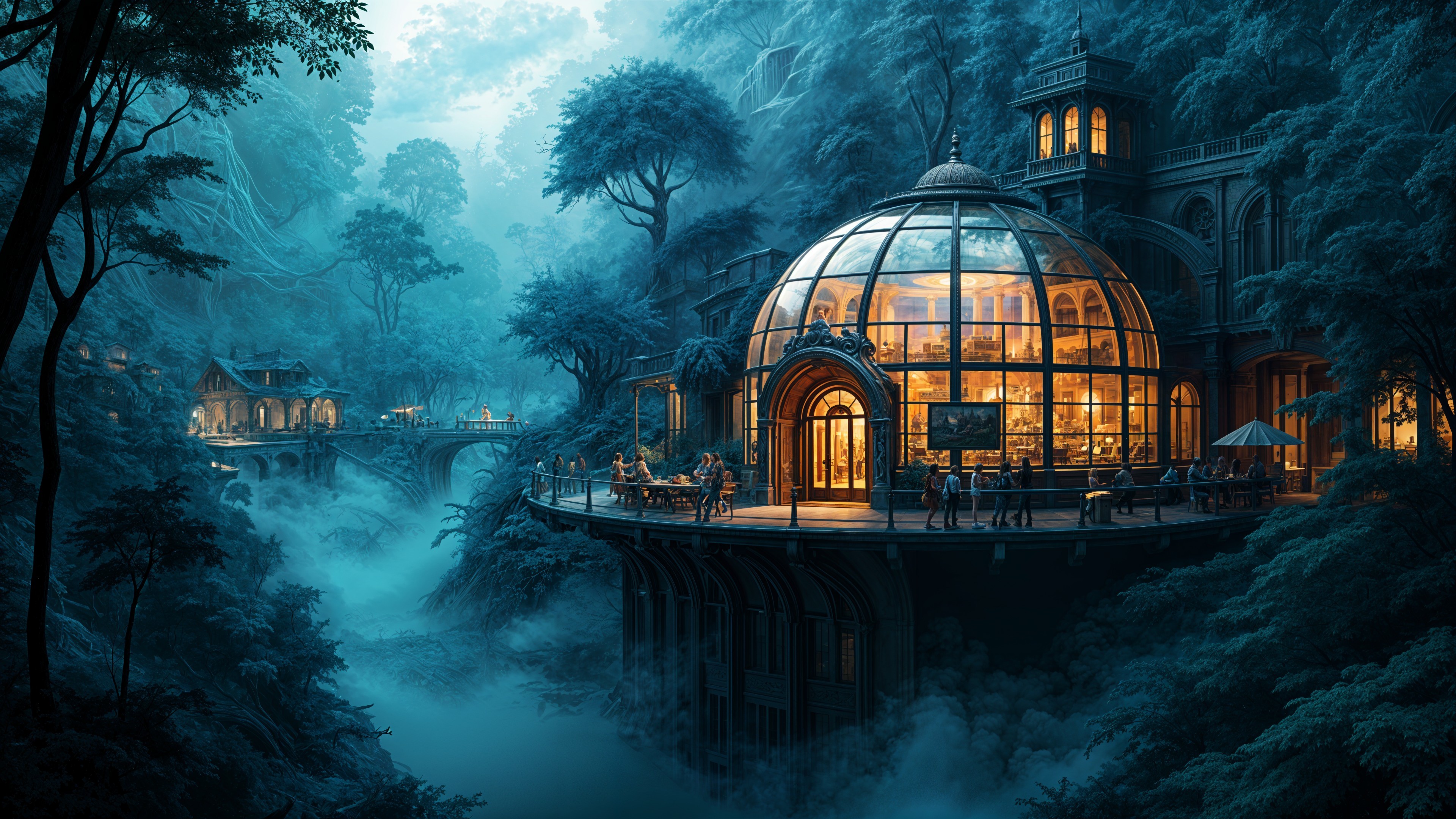 Glass Conservatory in Lush Forest with Misty Village