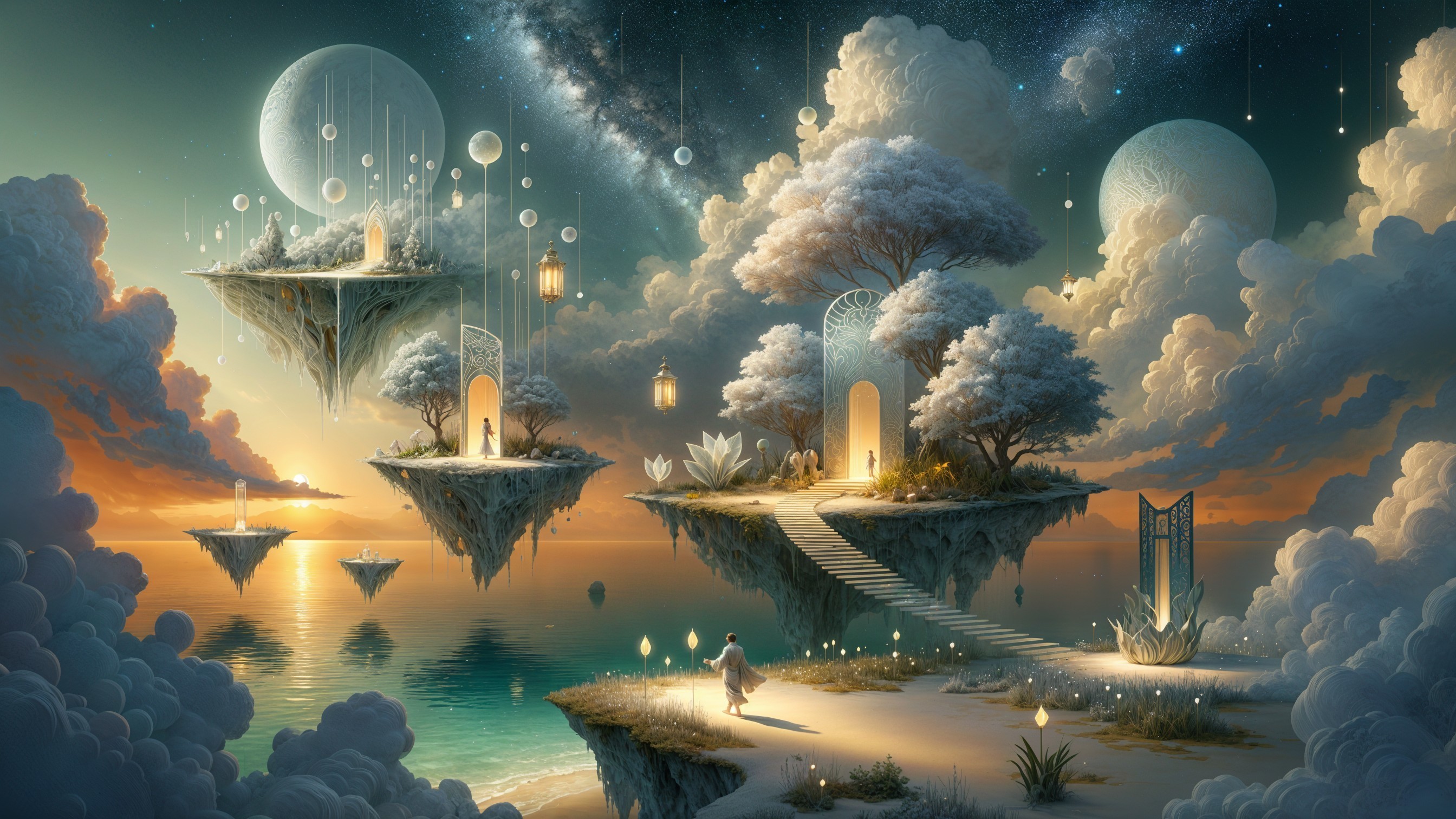 Surreal Landscape with Floating Islands and Lanterns