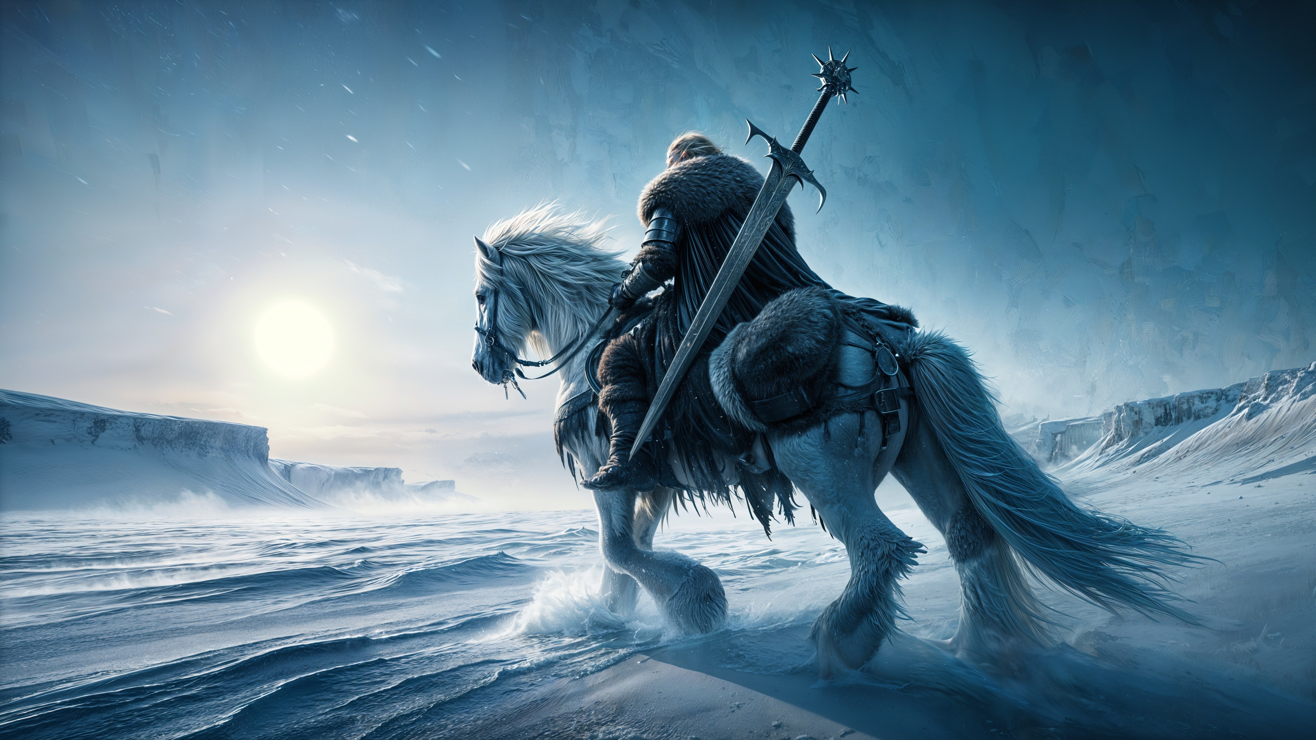 Lone Rider on White Horse in Icy Landscape