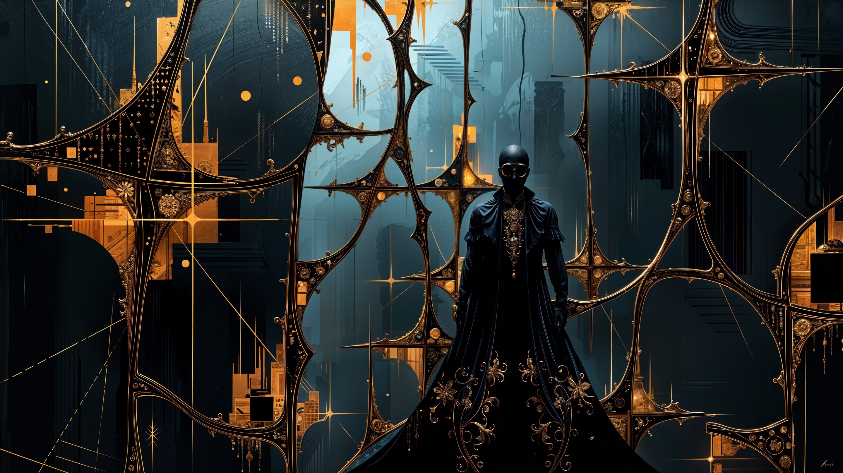 Cloaked Figure in Golden Geometric Patterns
