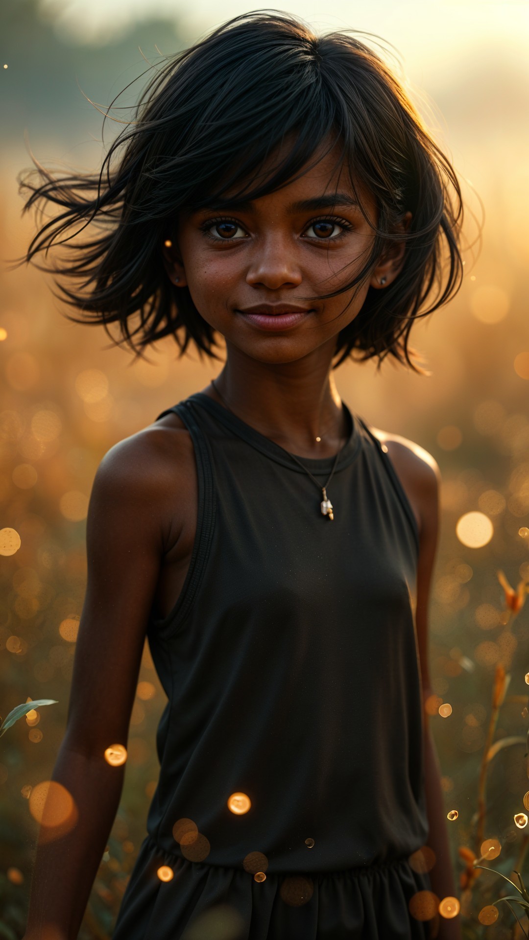 Young girl in field at golden hour with bokeh backdrop