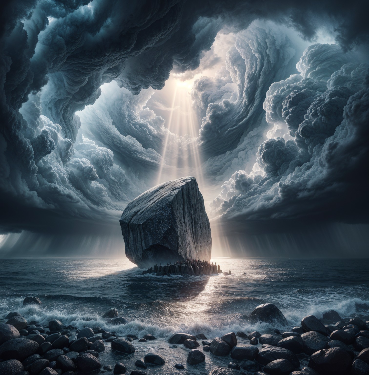 Dark Rock in Stormy Ocean with Ethereal Light