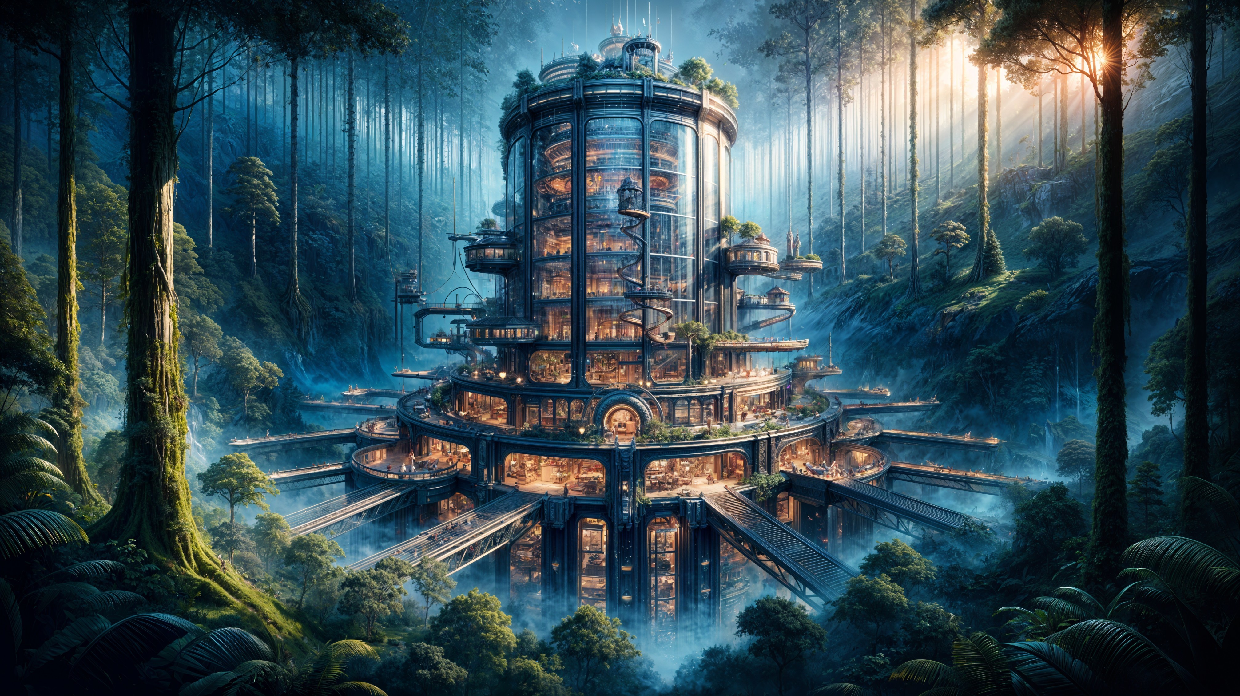 Futuristic Multi-Tiered Structure in Dense Forest
