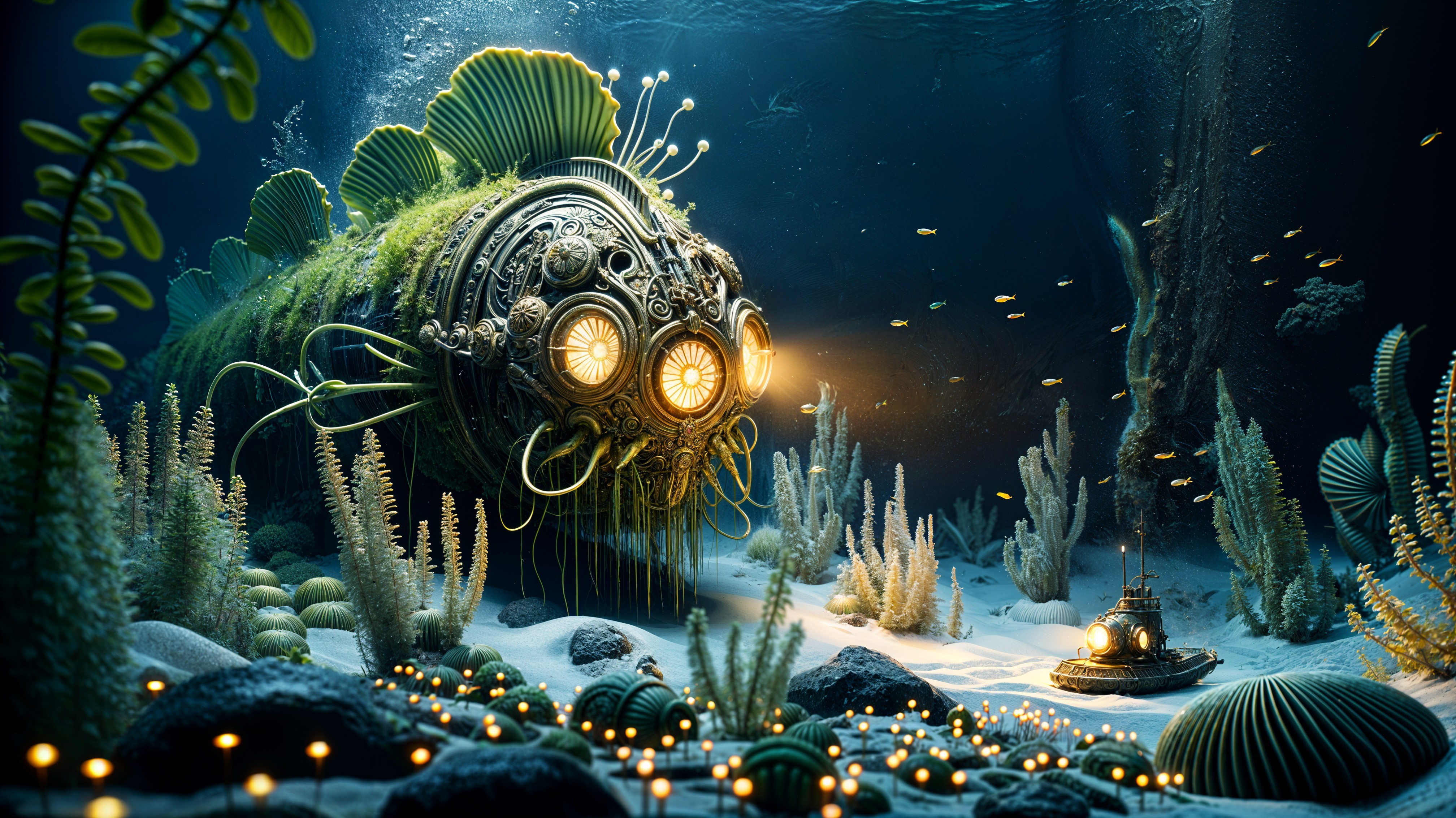 Mechanical Fish in a Vibrant Underwater Landscape