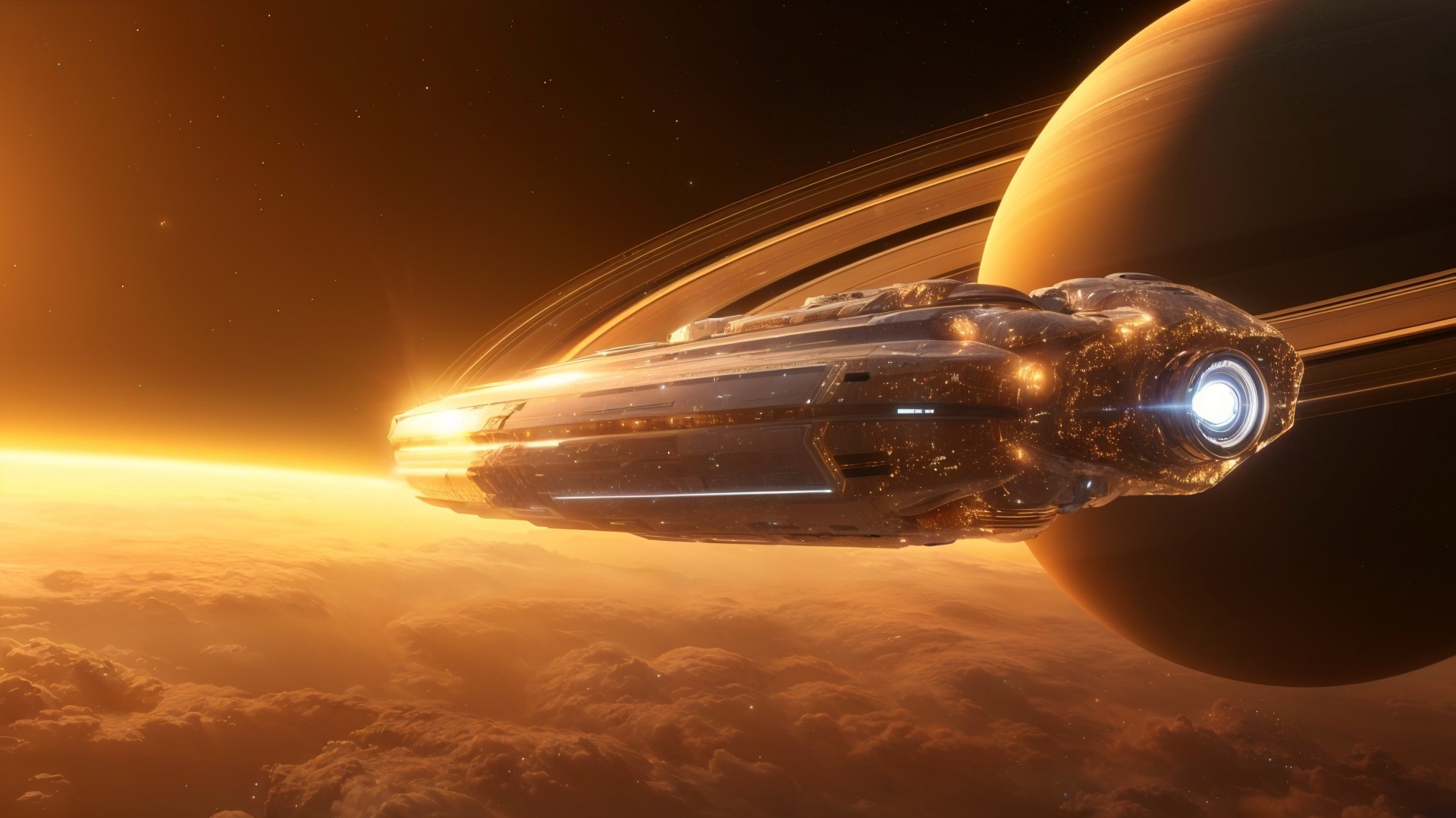 Futuristic spaceship approaches planet with prominent rings