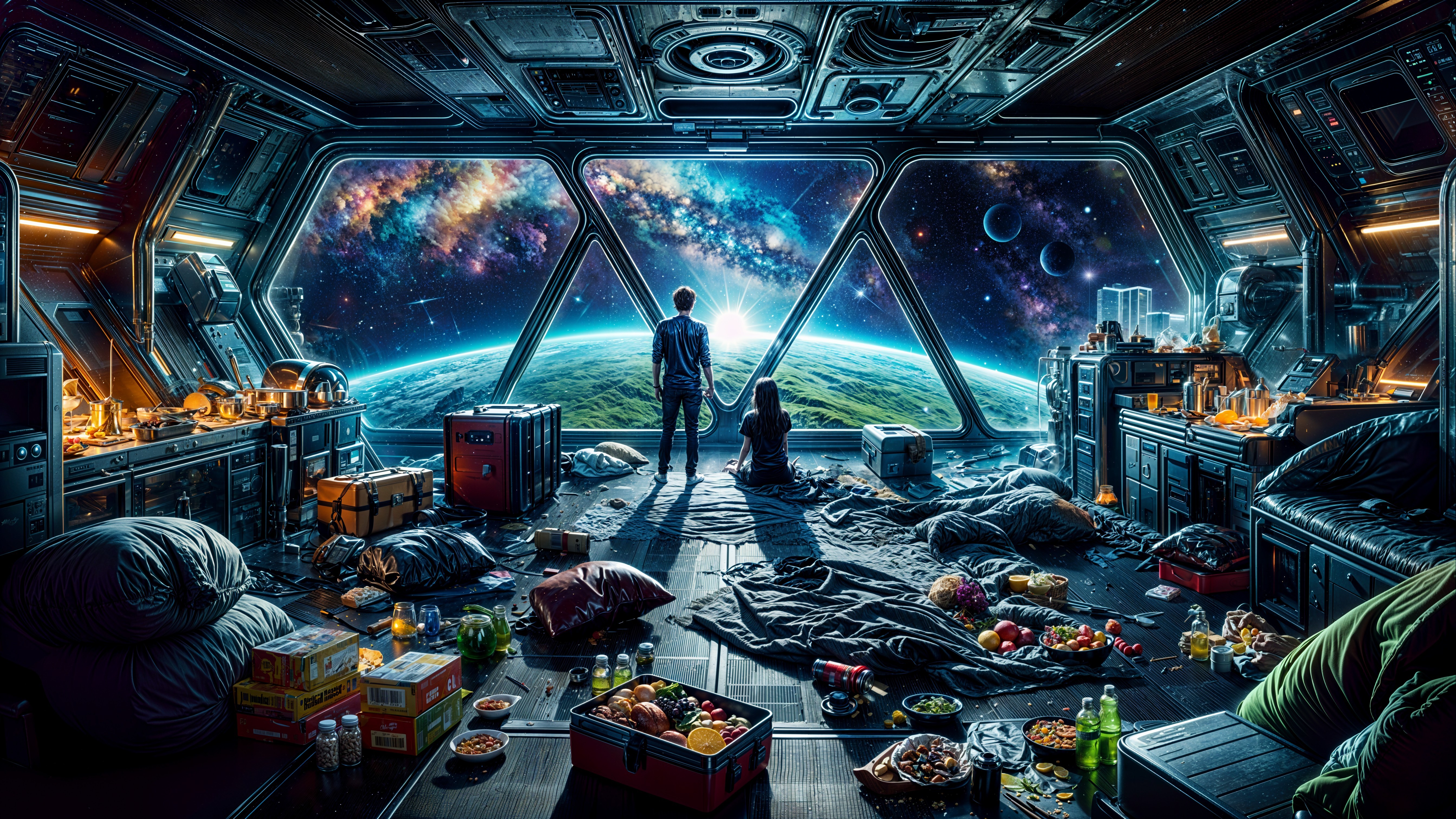 Figures in a Cluttered Space Station with Earth View