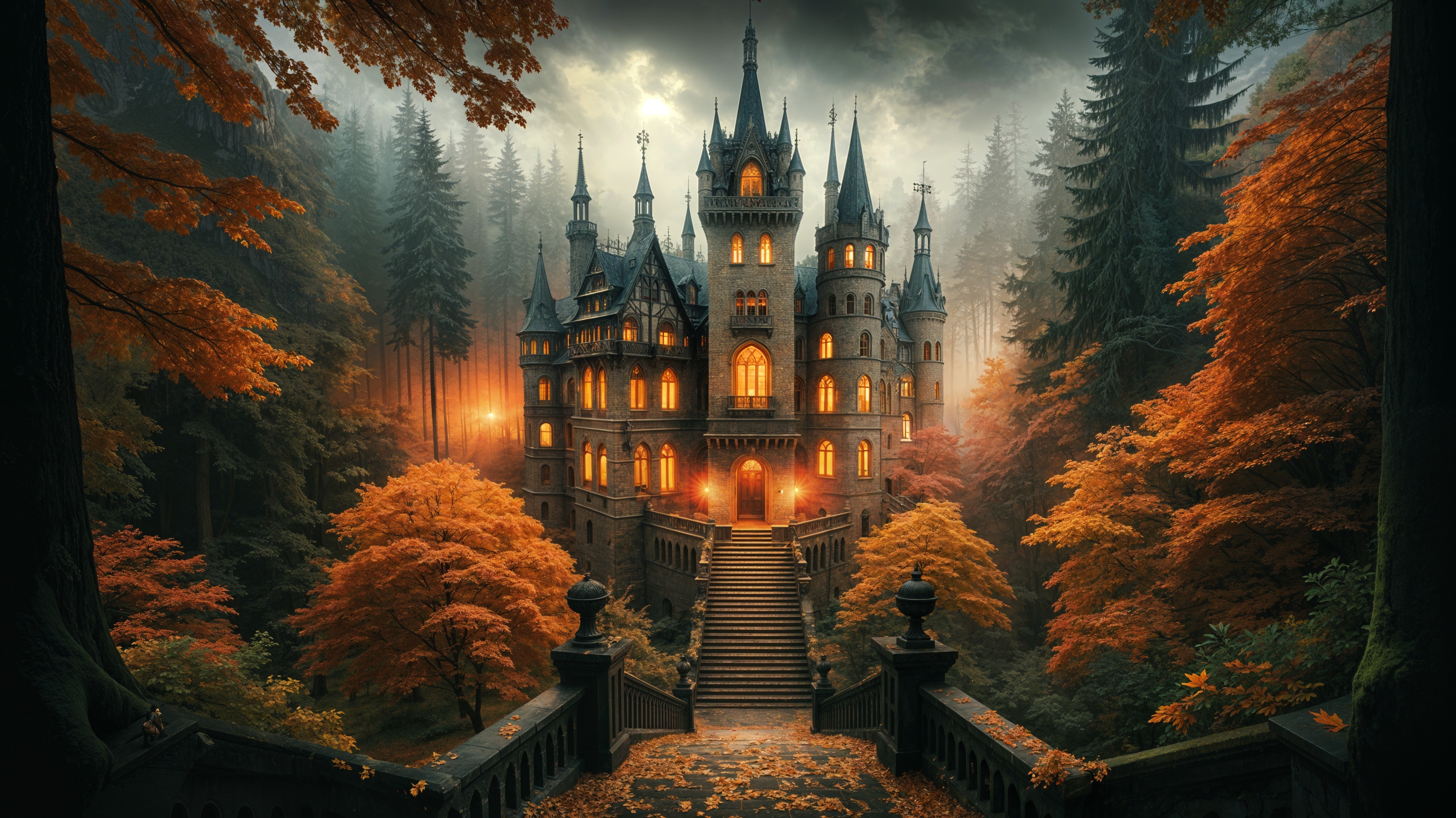Gothic Castle Surrounded by Autumn Woods and Turrets