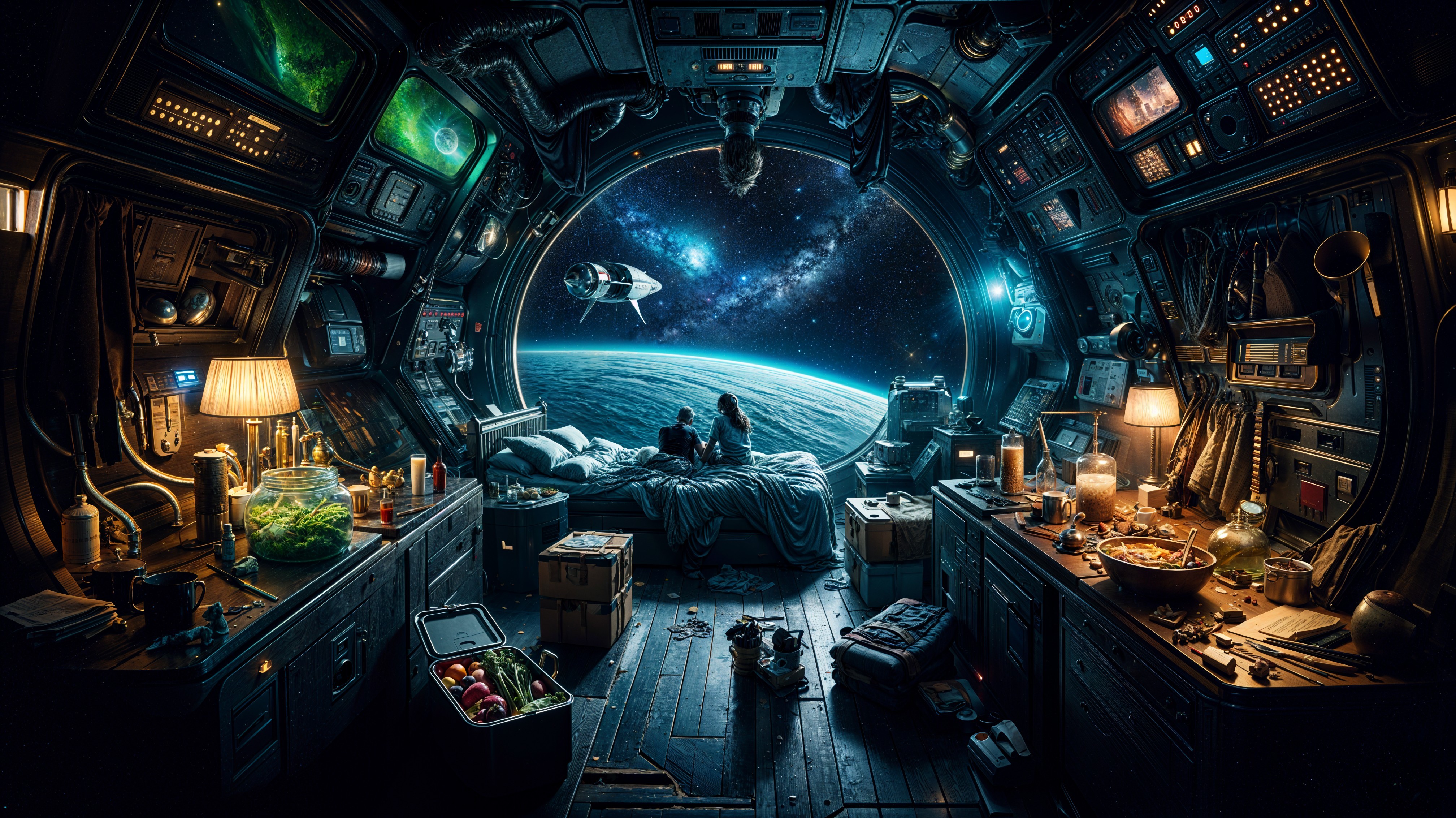 Cozy spacecraft interior with Earth view and ambiance