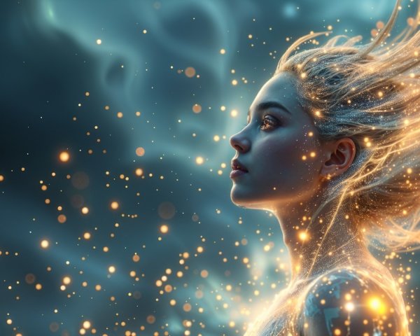 Young Woman in Profile Surrounded by Golden Sparkles
