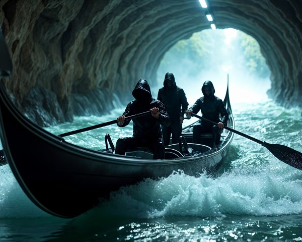 Hooded Figures in Gondola Navigate Dark Cavern Waters