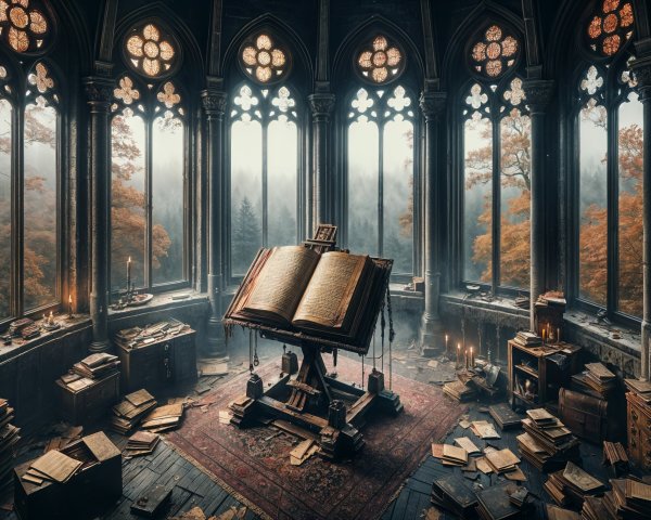 Grand Dimly Lit Library with Gothic Windows and Books