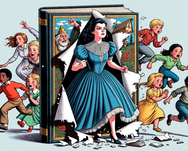 Vibrant Illustration of a Woman and Children from a Storybook