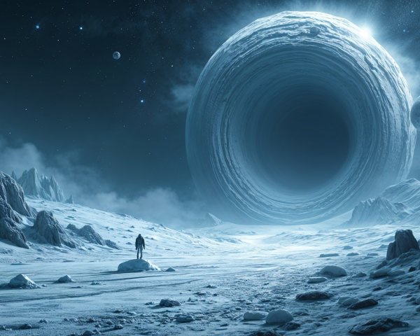 Lone Figure Observes Black Hole in Icy Landscape
