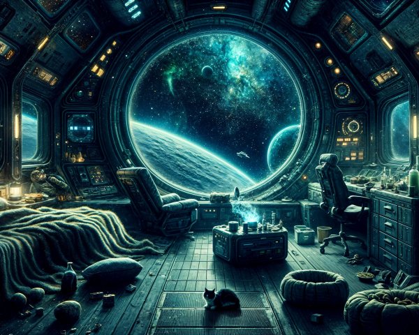 Futuristic Spaceship Interior with Galaxy View