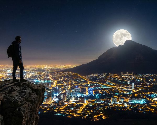 Silhouetted male figure on cliff overlooking city skyline