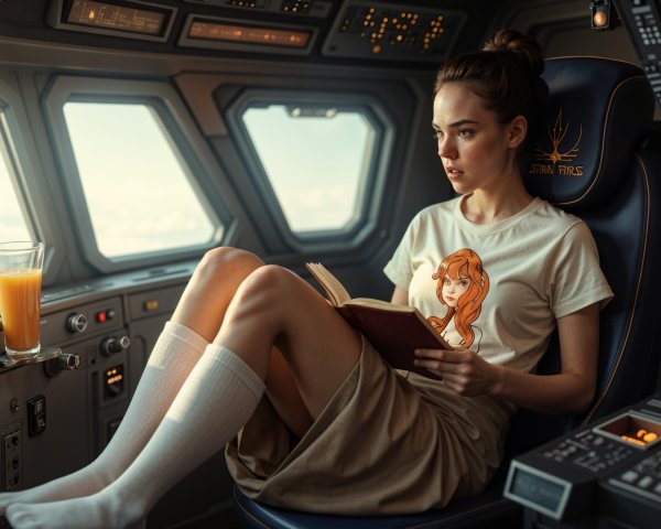 Young woman reading in futuristic cockpit with orange juice