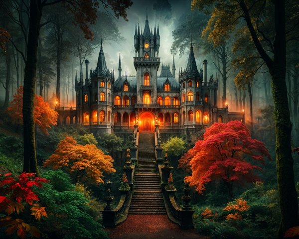 Gothic castle in foggy forest with autumn foliage