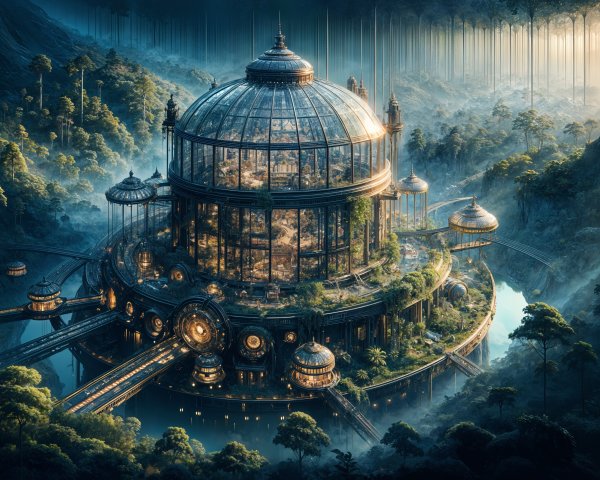 Intricate Glass Structure in Lush Foggy Landscape