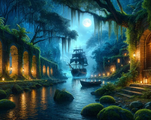 Moonlit Tranquility by a Serene Waterway