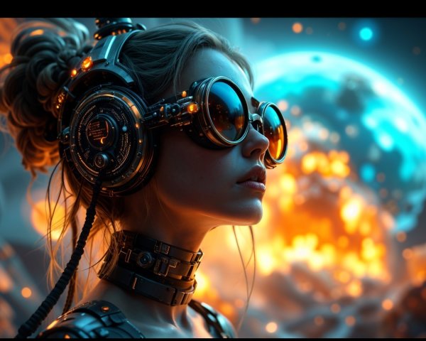 Futuristic woman with glowing technology in cosmic scene