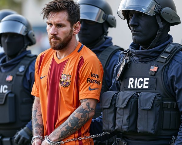Man in Orange Jersey Surrounded by Armed Officers