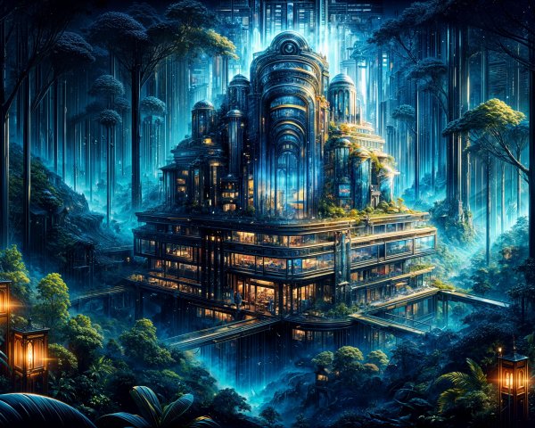 Futuristic Structure in a Luminous Forest Setting