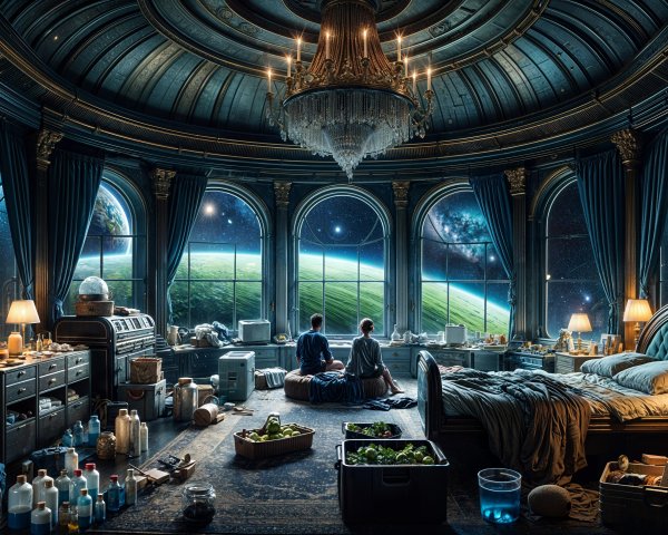 Ornate Bedroom with Celestial View and Soft Lighting