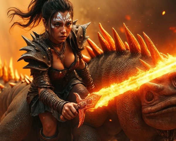 Fierce Warrior on Fiery Creature in Dramatic Battle Scene