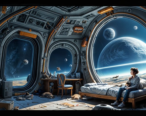 Cozy futuristic space station room with playful cats